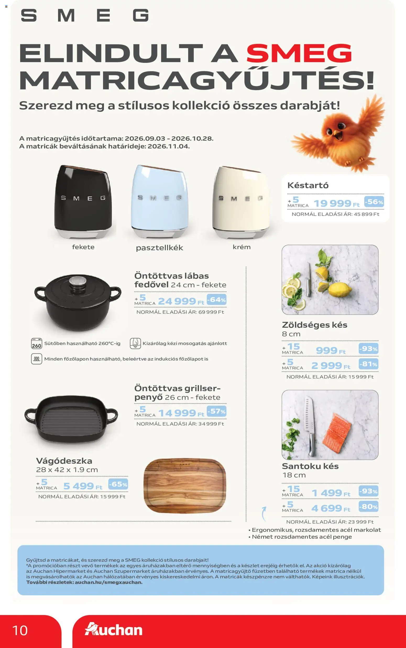 Auchan akciós ujság - amely érvényes a következő dátumtól: 2026.09.10. | Oldal: 10 | Termékek: Vágódeszka, Grill, Késtartó, Kés