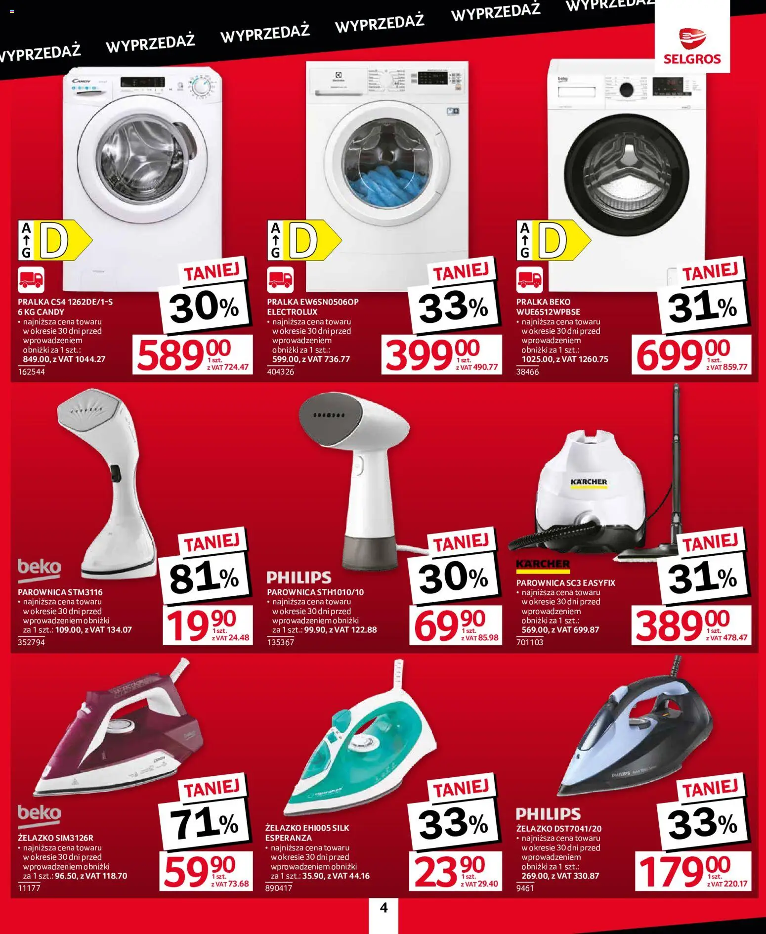 Selgros cash&carry gazetka - Totalna Wyprzedaż od 10.09.2026 | Strona: 4 | Produkty: Pralka, Żelazko, Parownica
