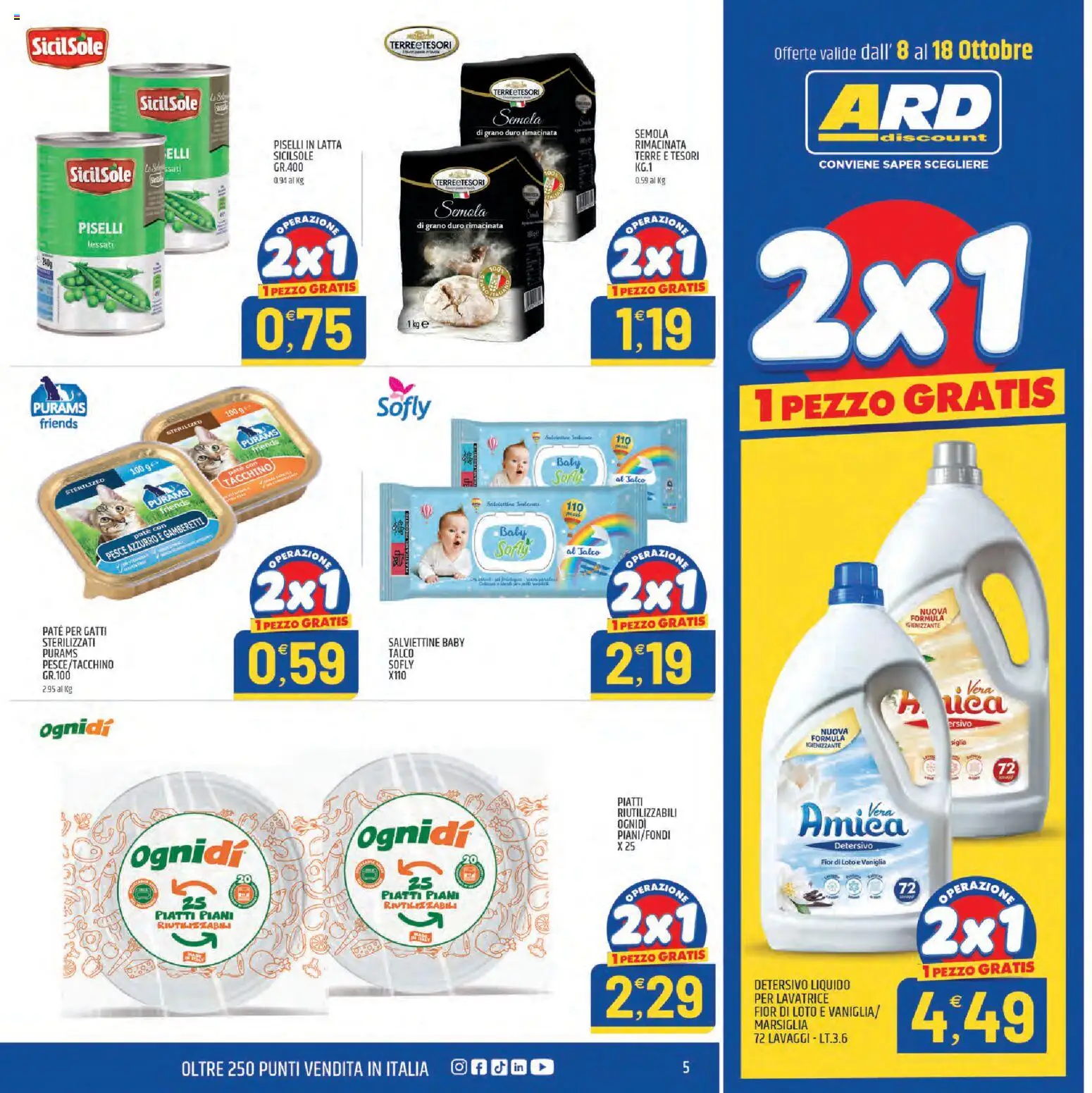 Volantino ARD Discount del 08/10/2026 | Pagina: 5 | Prodotti: Piatti, Talco, Lavatrice, Semola