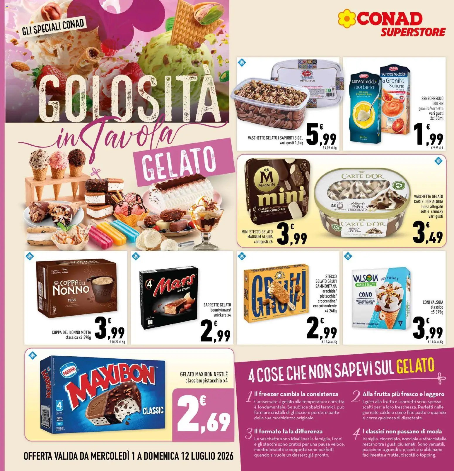 Volantino Conad del 01/07/2026 | Pagina: 12 | Prodotti: Cioccolato, Biscotti, Gelato, Cacao