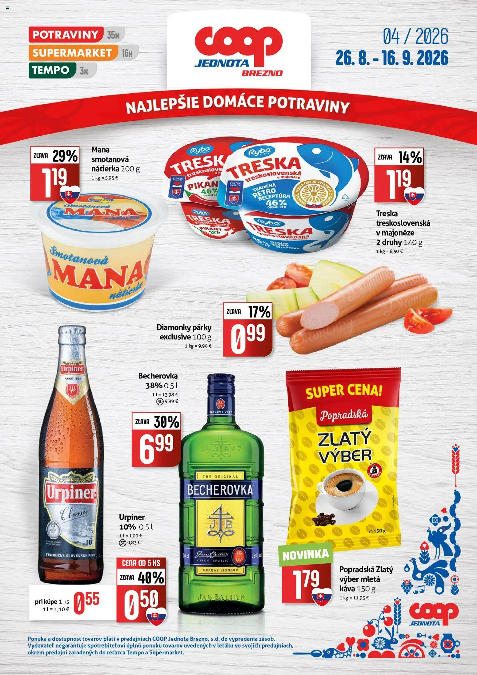 Nové COOP Jednota akcie – leták je platný od 26.08.2026 | Strana: 1 | Produkty: Káva, Nátierka, Ryba, Treska