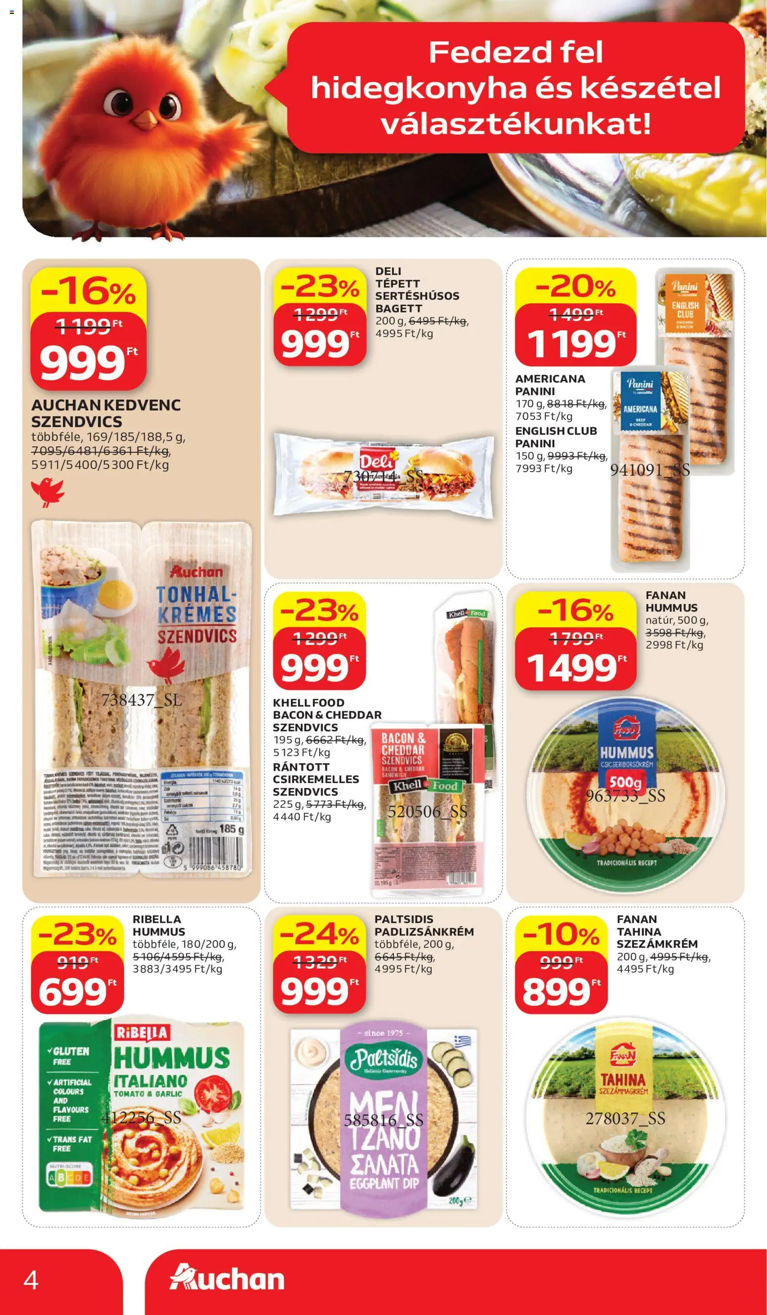 Auchan akciós ujság - amely érvényes a következő dátumtól: 2026.07.02. | Oldal: 4 | Termékek: Szendvics, Bacon, Padlizsánkrém, Tahini
