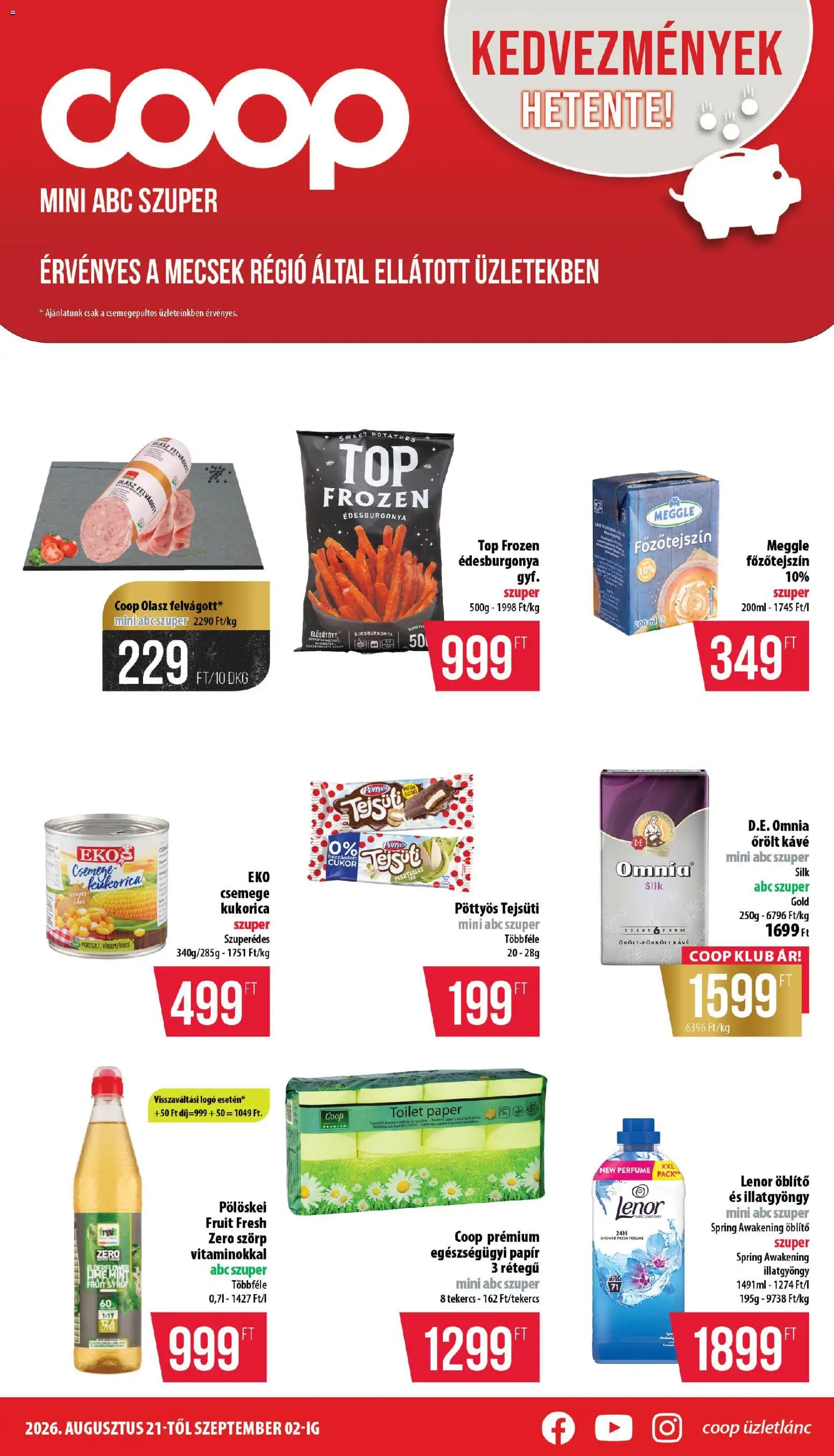 COOP akciós ujság - amely érvényes a következő dátumtól: 2026.08.21. | Oldal: 1 | Termékek: Lenor, Édesburgonya, Omnia, Kukorica