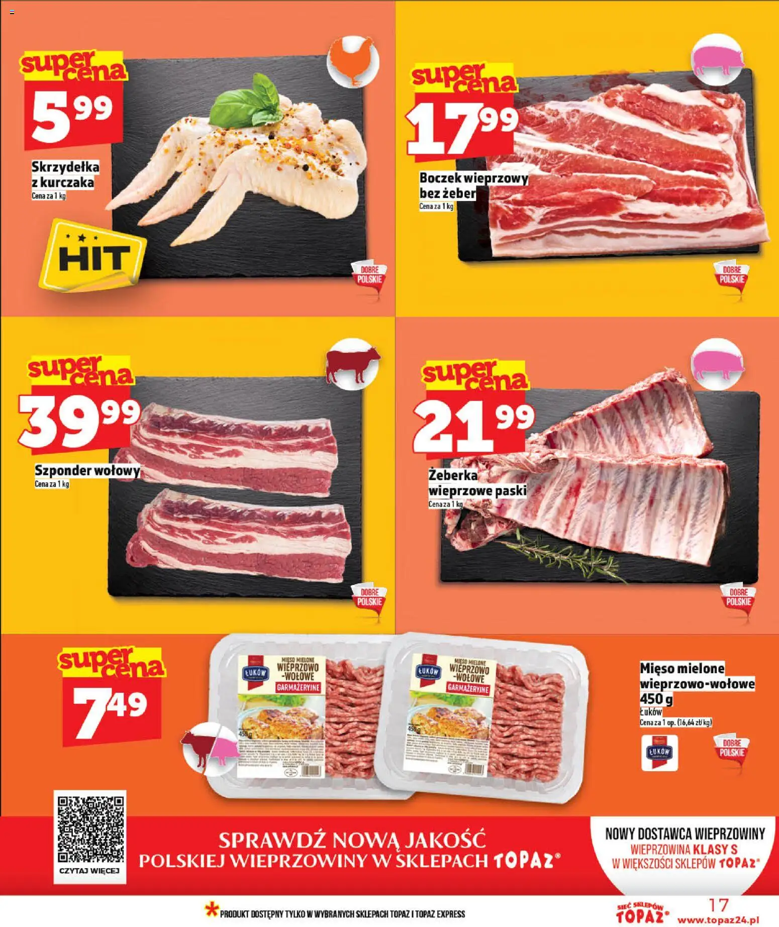 Topaz gazetka - Ceny małe na stałe od 07.05.2026 | Strona: 17 | Produkty: Skrzydełka z kurczaka, Mięso, Boczek wieprzowy, Mięso mielone