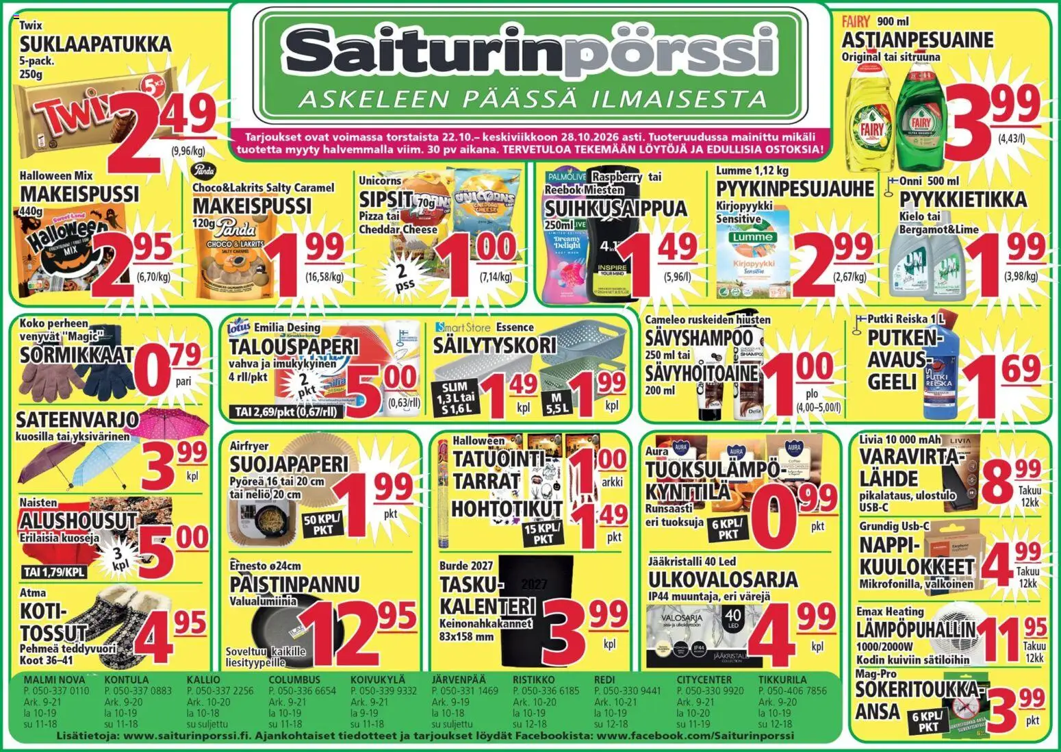 Saiturinpörssi tarjoukset – voimassa 22/10/2026 alkaen | Sivu: 1 | Tuotteet: Astianpesuaine, Paistinpannu, Pizza, Sateenvarjo