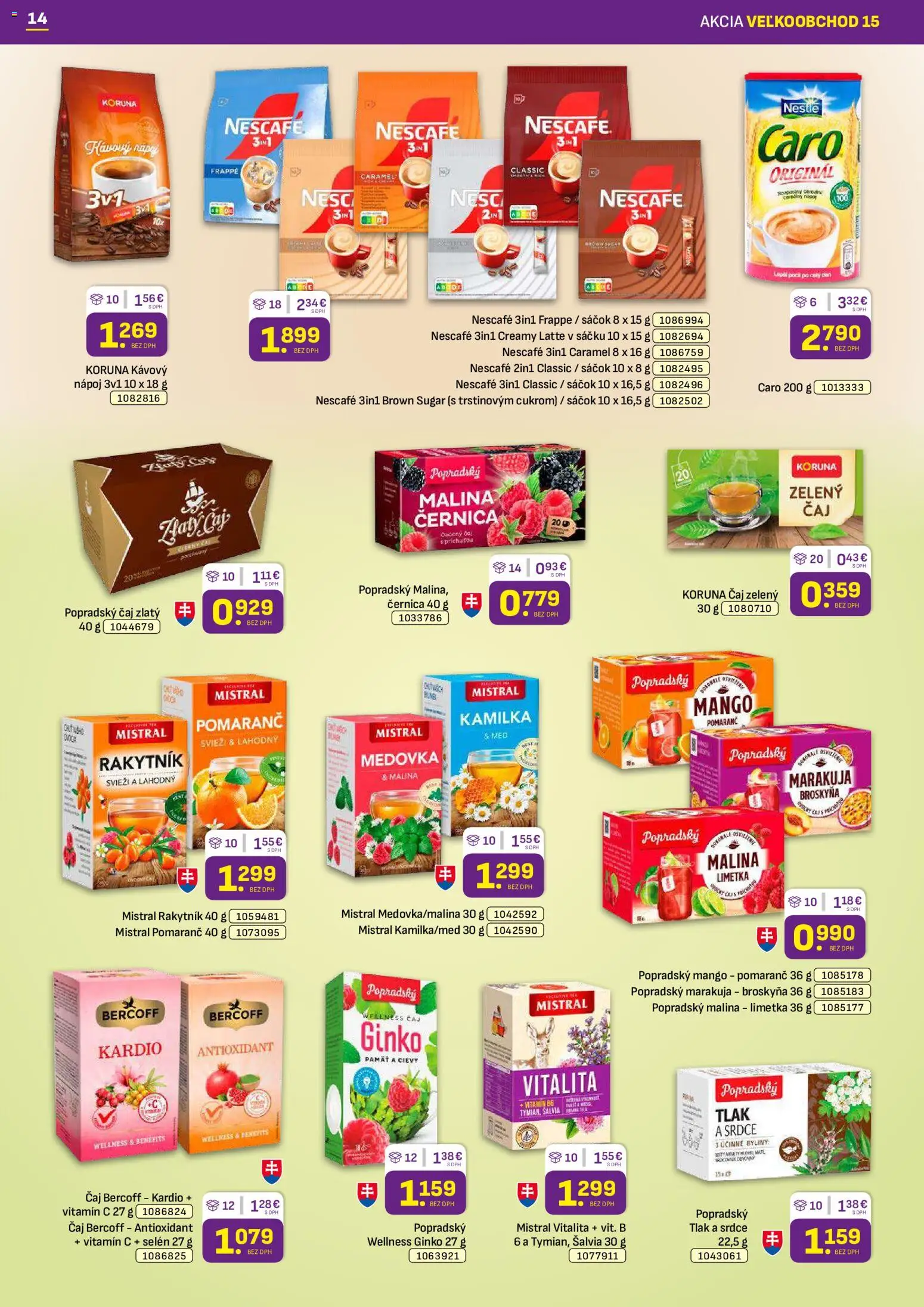 Nové Libex akcie – leták je platný od 27.07.2026 | Strana: 14 | Produkty: Čaj, Caro, Mango, Med