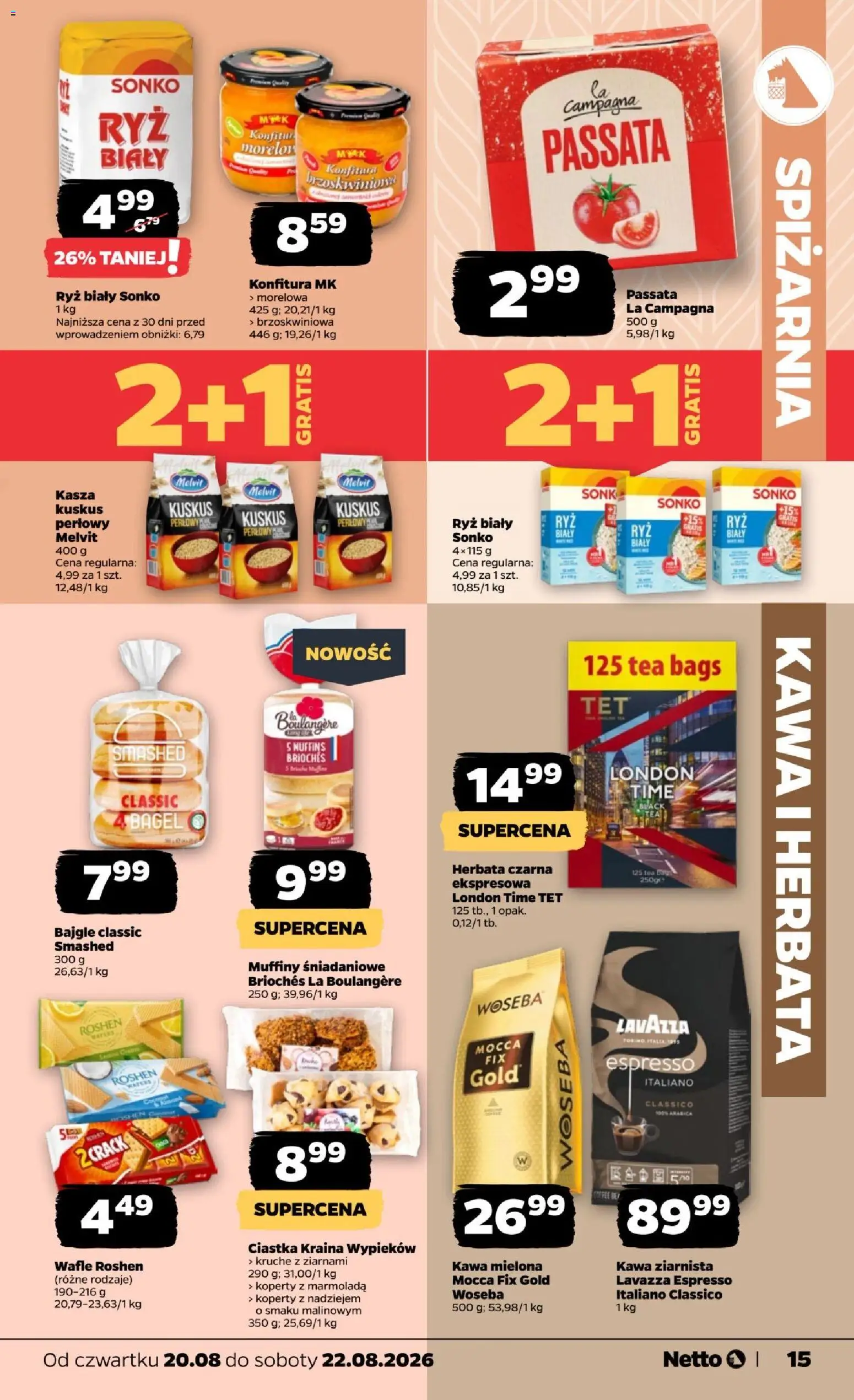 Netto gazetka od czwartku od 20.08.2026 | Strona: 15 | Produkty: Ryż biały, Muffiny, Lavazza espresso, Kawa