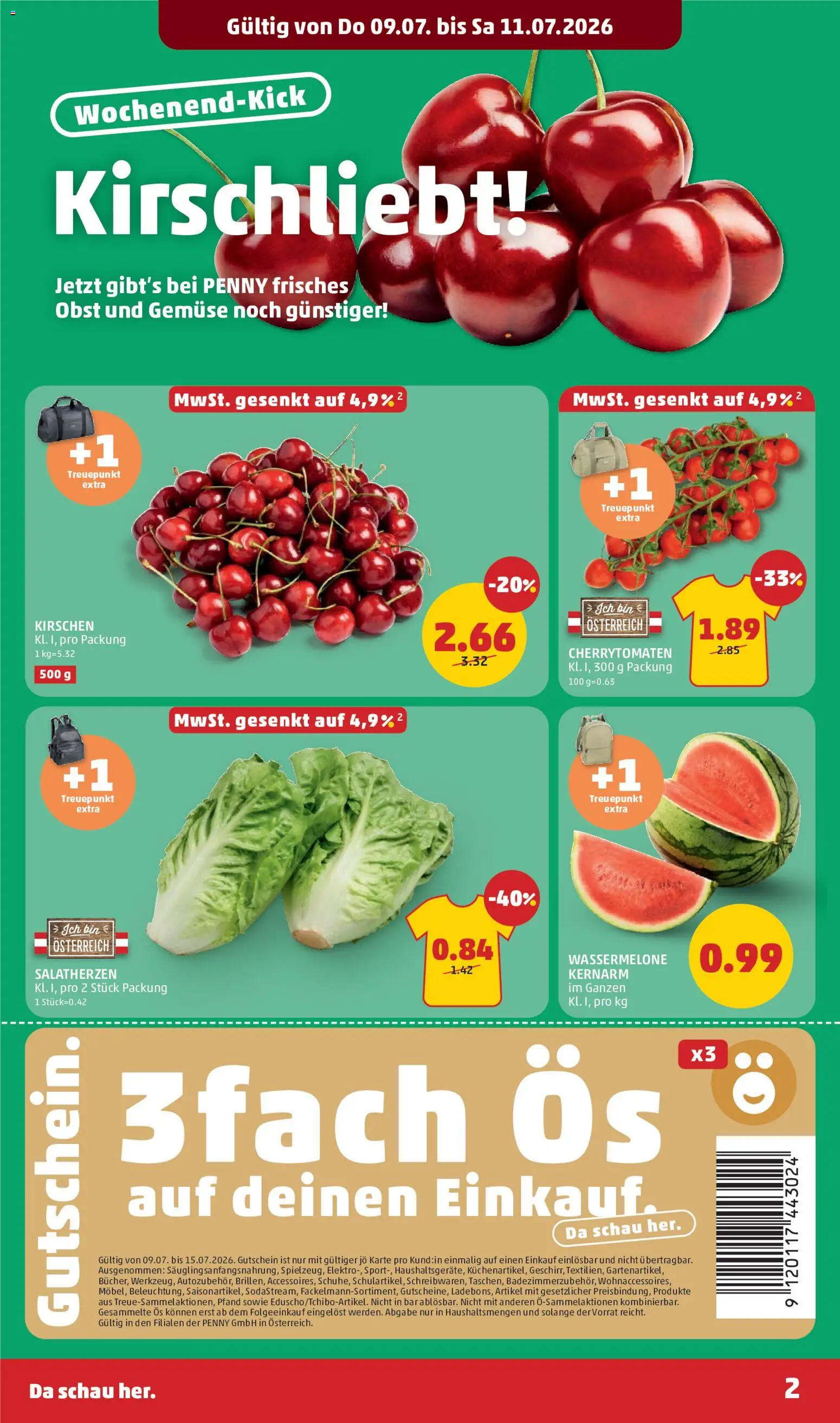 Penny Markt Flugblatt gültig ab 09.07.2026 | Seite: 2 | Produkte: Gemüse, Obst, Wassermelone