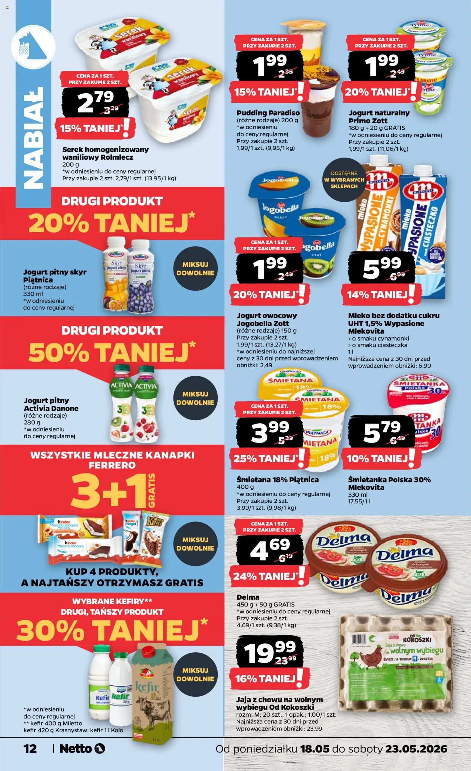 Netto gazetka od poniedziałku spożywcza od 18.05.2026 | Strona: 12 | Produkty: Serek homogenizowany, Serek, Śmietana, Skyr