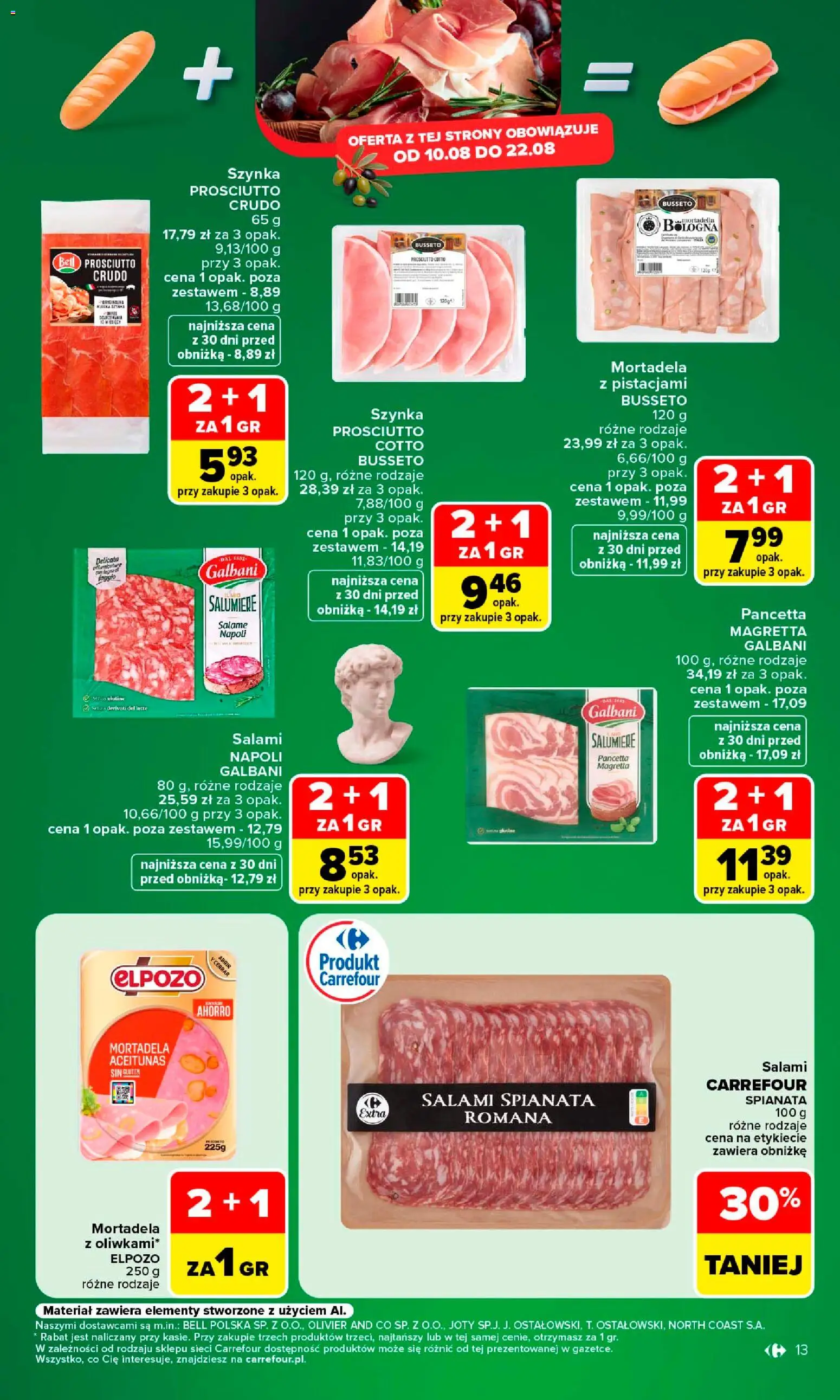 Carrefour gazetka od 10.08.2026 | Strona: 15 | Produkty: Mortadela, Szynka prosciutto, Bell, Szynka