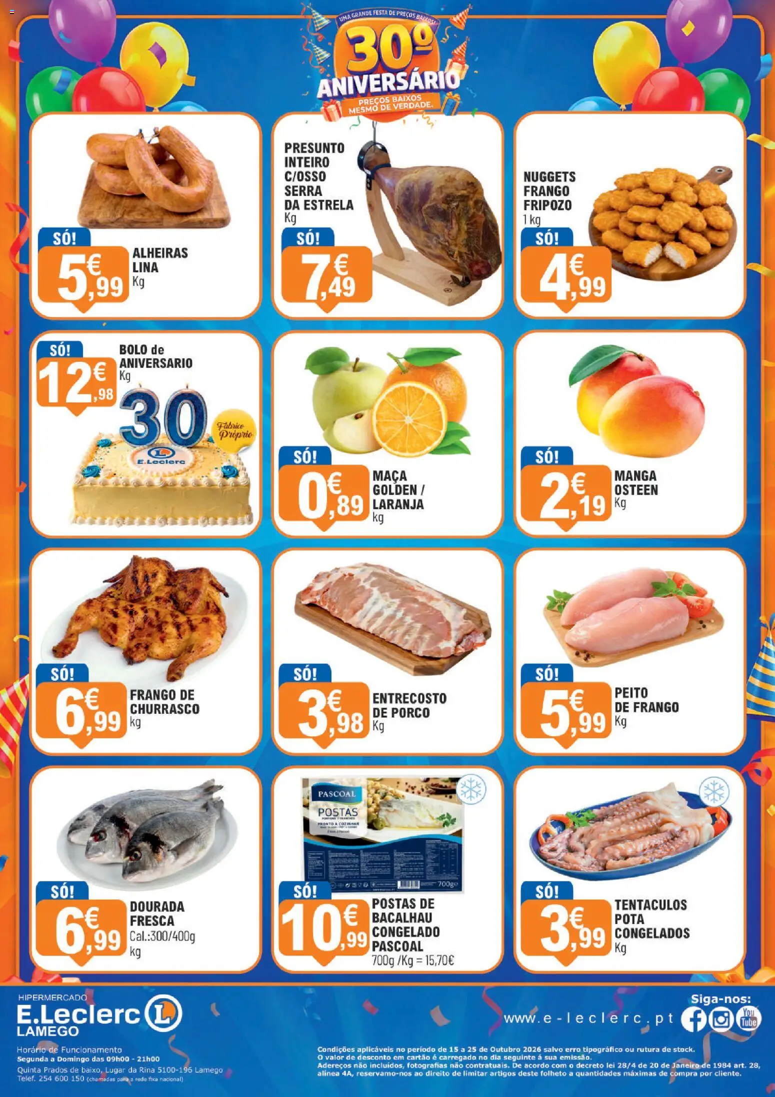 E.Leclerc folheto Aniversário Alimentar Lamego │ válido de 15/10/2026 | Página: 4 | Produtos: Dourada, Frango, Bolo, Maça