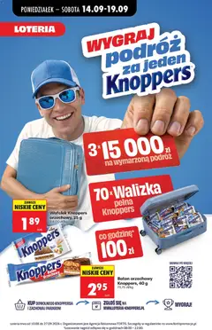 Pogląd oferty "Biedronka gazetka od poniedziałku" - ważna od 14.09.2026 | Strona: 75 | Produkty: Knoppers, Walizka, Wafelek, Baton