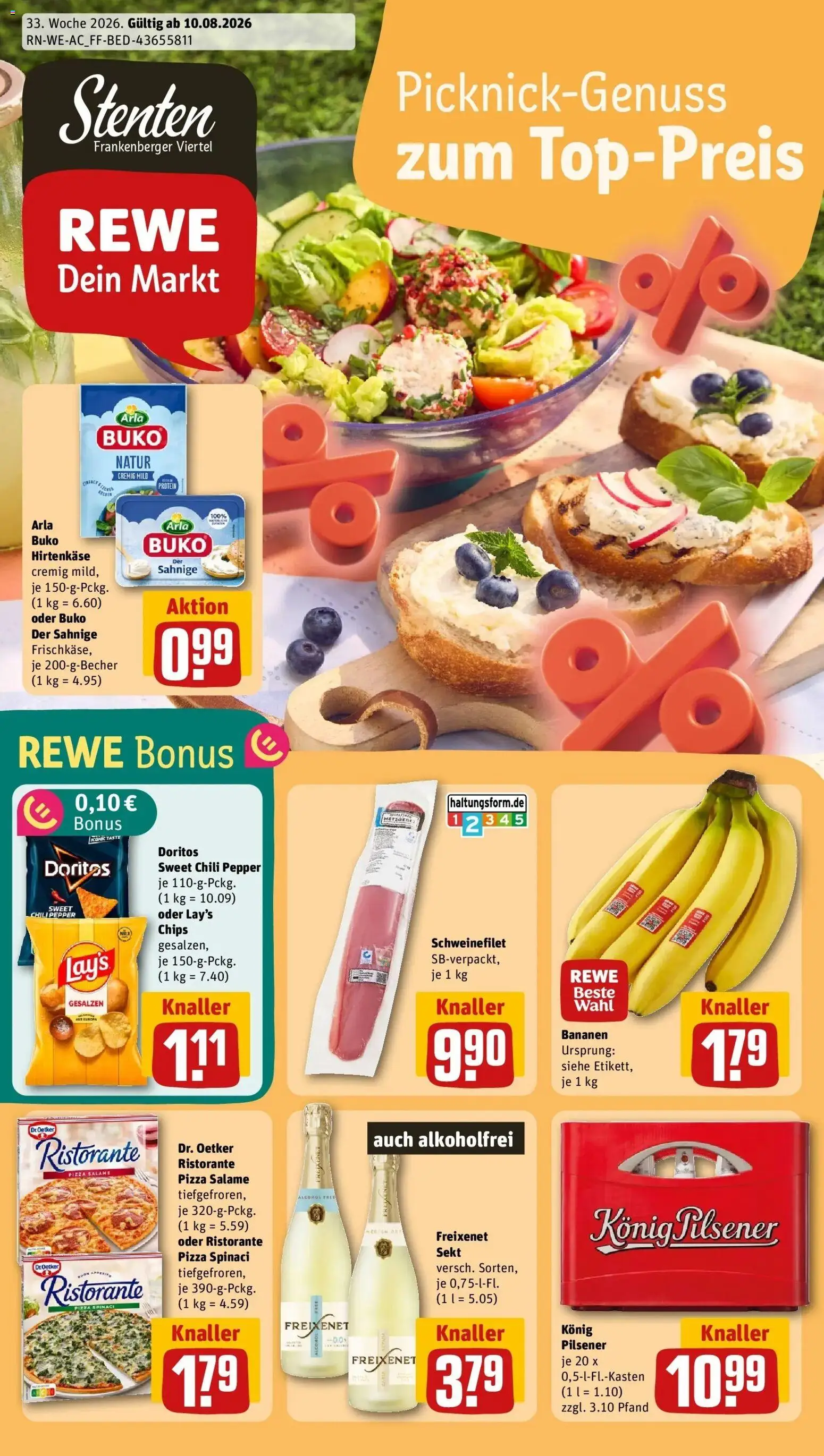 REWE Prospekt ab 10.08.2026 zum Blättern » Angebote | Seite: 1 | Produkte: Ristorante, Freixenet, Arla buko, Pizza
