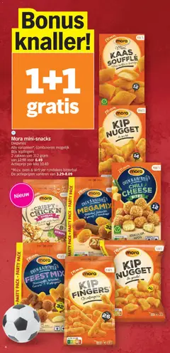 Mora mini-snacks, Diepvries. Alle varianten*, combineren mogelijk. Bijv. kipfingers. 2 zakken van 312 gram van 12.98 voor 6.49 - Voorbeeld van een folder van Albert Heijn, geldig van 15.06.2026 | Pagina: 6