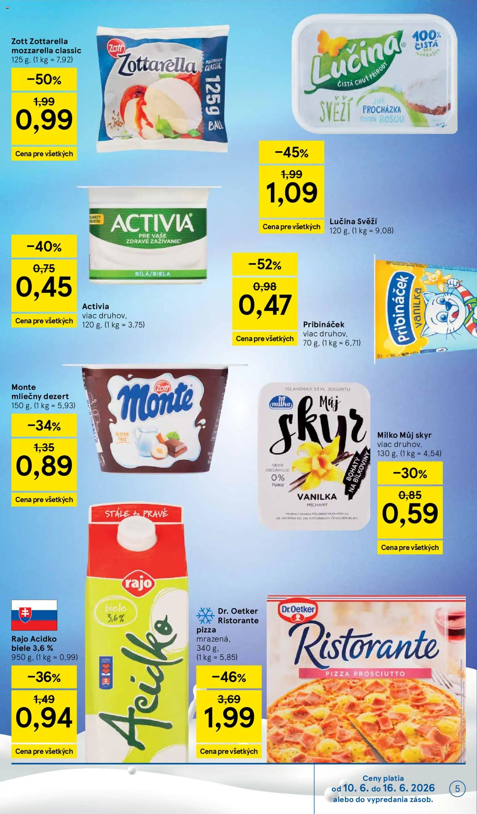 Nové Tesco akcie – leták je platný od 10.06.2026 | Strana: 5 | Produkty: Pizza, Mozzarella, Skyr, Acidko