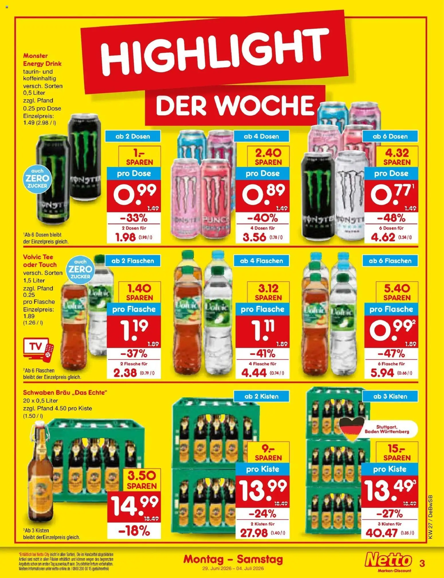 Netto Marken-Discount Prospekt Waiblingen-Bittenfeld – gültig ab 29.06.2026 | Seite: 3 | Produkte: Energy, Monster, Zucker, Tee