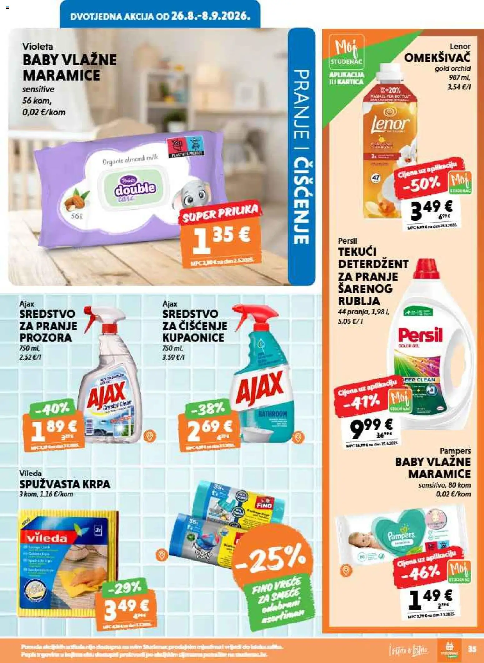 Studenac katalog | vrijedi od 26.08.2026 | Stranica: 35 | Proizvodi: Omekšivač, Maramice, Pampers, Lenor