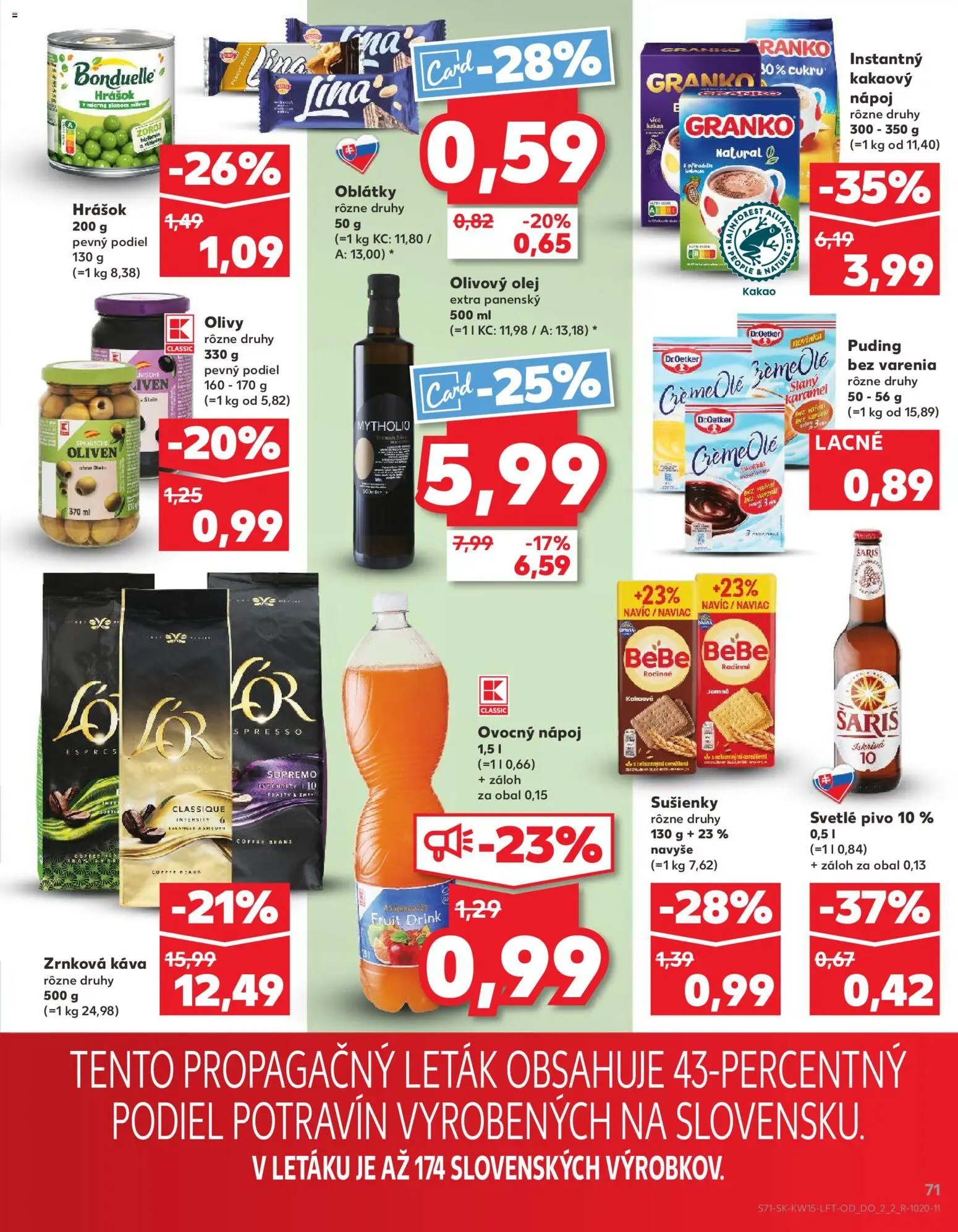 Nové Kaufland akcie – leták je platný od 09.04.2026 | Strana: 71 | Produkty: Olej, Puding, Hrášok, Šariš