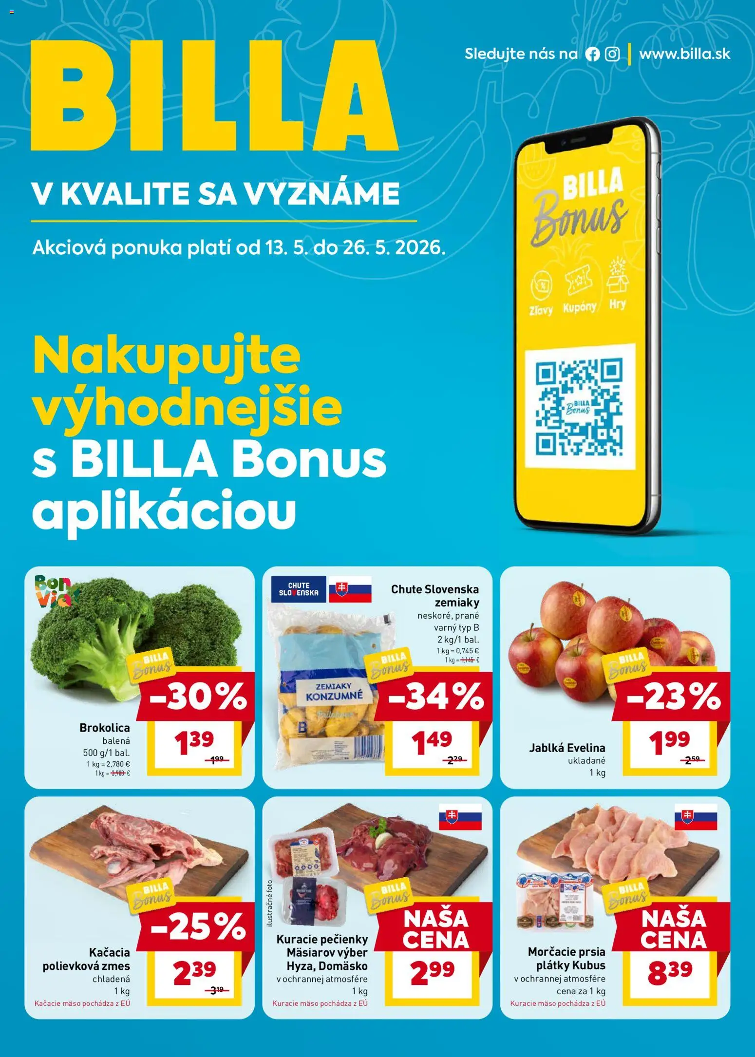 Nové Billa akcie – leták je platný od 13.05.2026 | Strana: 1 | Produkty: Kuracie mäso, Jablká, Brokolica, Zemiaky