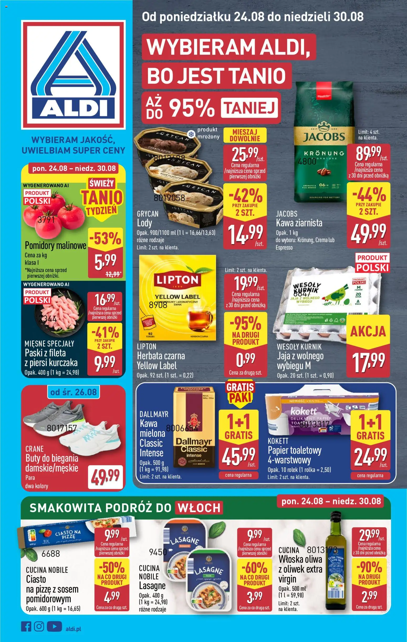 Aldi gazetka od 24.08.2026 | Strona: 1 | Produkty: Papier toaletowy, Dallmayr, Ciasto, Lasagne