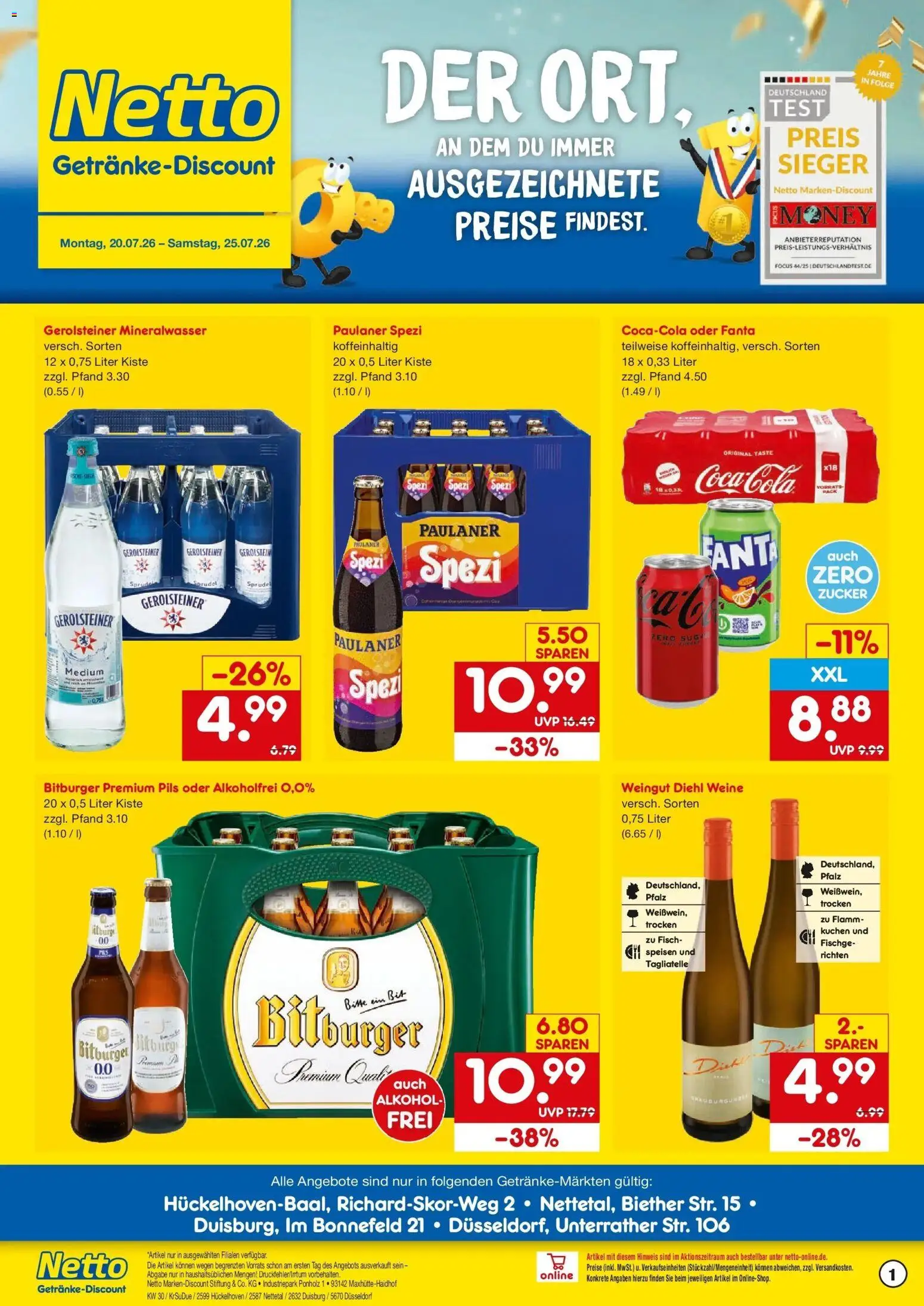 Netto Marken-Discount Prospekt Hückelhoven-Baal – gültig ab 20.07.2026 | Seite: 1 | Produkte: Fanta, Paulaner spezi, Mineralwasser, Paulaner