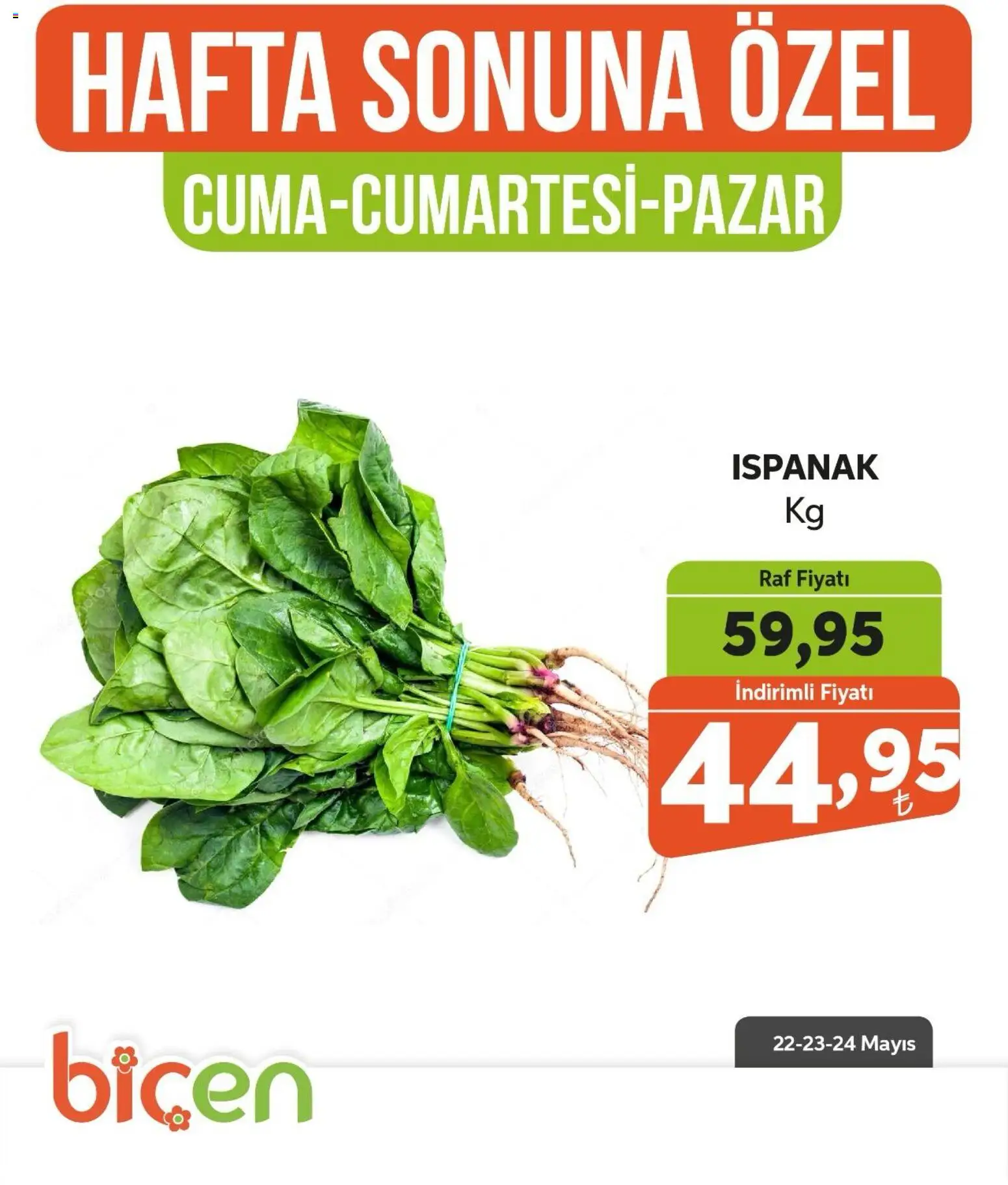 Biçen Market - Hafta Sonuna Özel - Sebze İndirimi - 22.05.2026 tarihinden itibaren geçerlidir | Sayfa: 14 | Ürünler: Raf, Ispanak