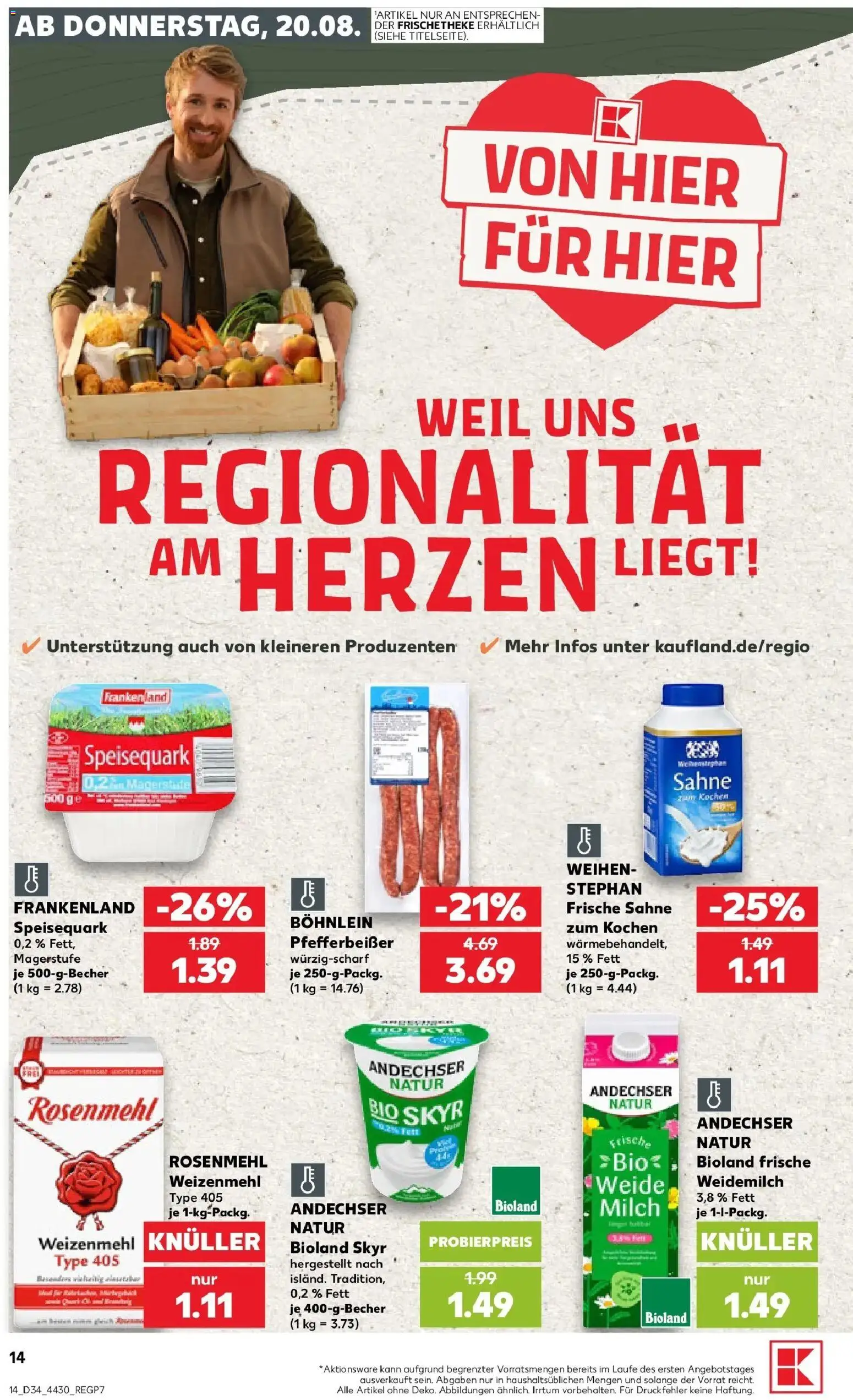 Prospekt Kaufland ab 20.08.2026 » Angebote Online zum Blättern | Seite: 14 | Produkte: Weizenmehl, Skyr, Sahne, Speisequark