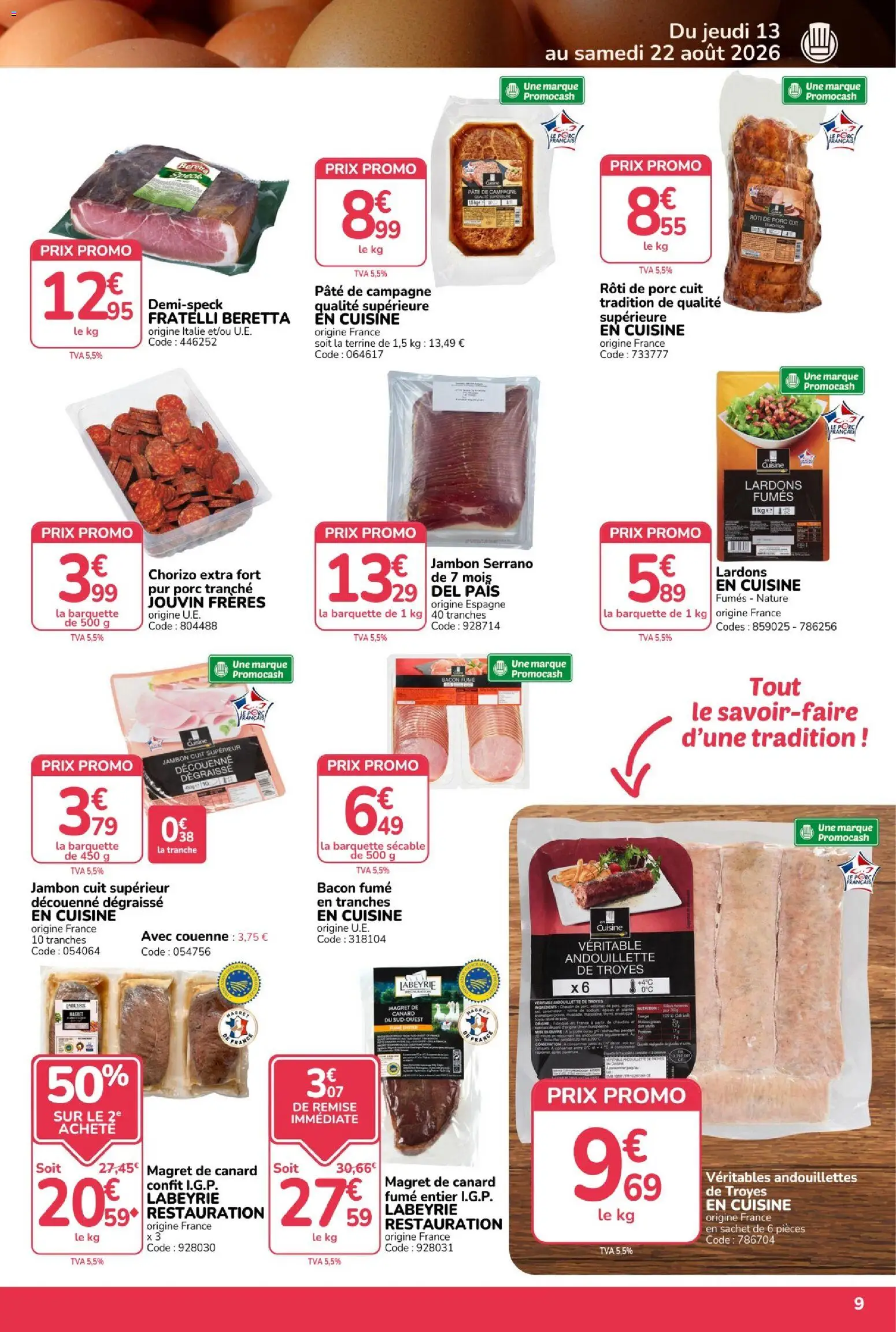 {H1} | Page: 9 | Produits: Canard, Chorizo, Bacon fume, Lardons