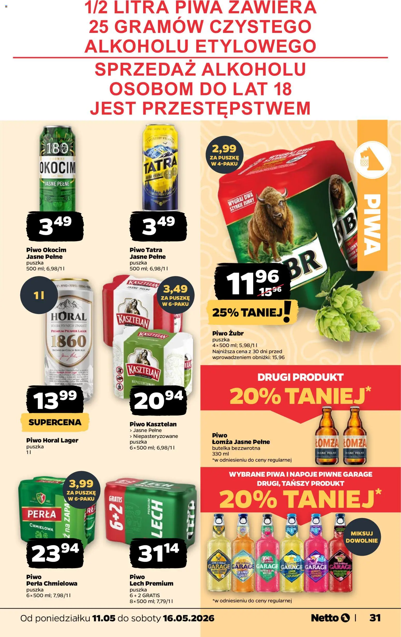 Netto gazetka od poniedziałku spożywcza od 11.05.2026 | Strona: 31 | Produkty: Piwo żubr, Napoje, Piwo perła, Piwo