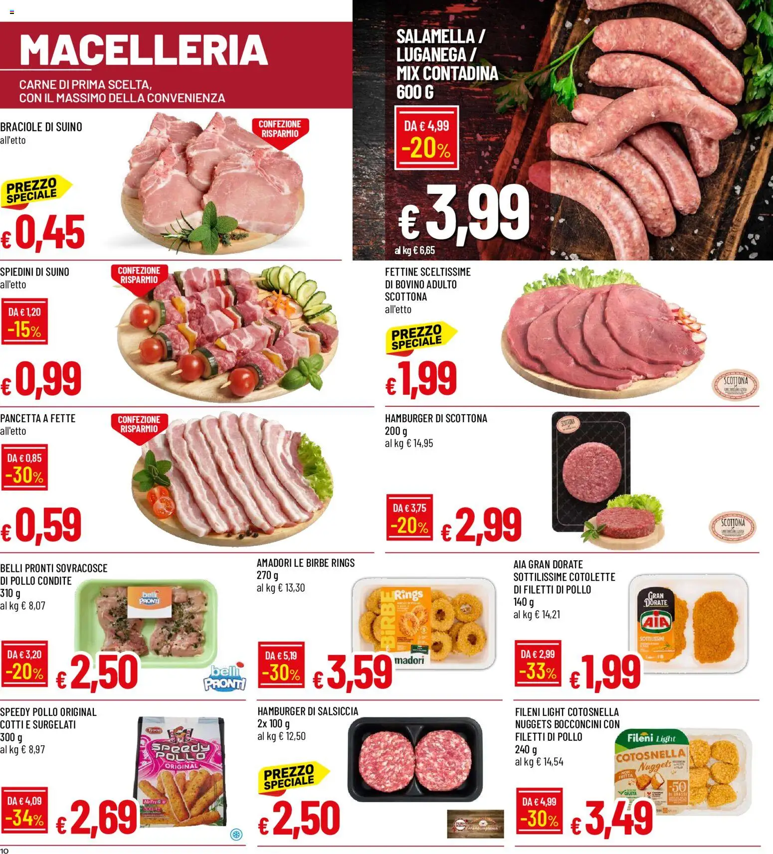 Volantino Galassia del 06/08/2026 | Pagina: 10 | Prodotti: Salamella, Salsiccia, Hamburger, Spiedini