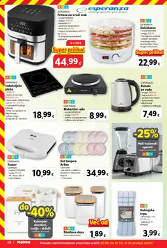 Esperanza Friteza na vrući zrak, model EKA003, snaga: 1400 W, kapacitet: 5 l, podesiva temperatura, timer do 60 min, raspon temperature od 80°C do 200°C, 8 unaprijed postavljenih programa - Pregled kataloga iz trgovine Plodine, vrijedi od 26.08.2026 | Stranica: 46