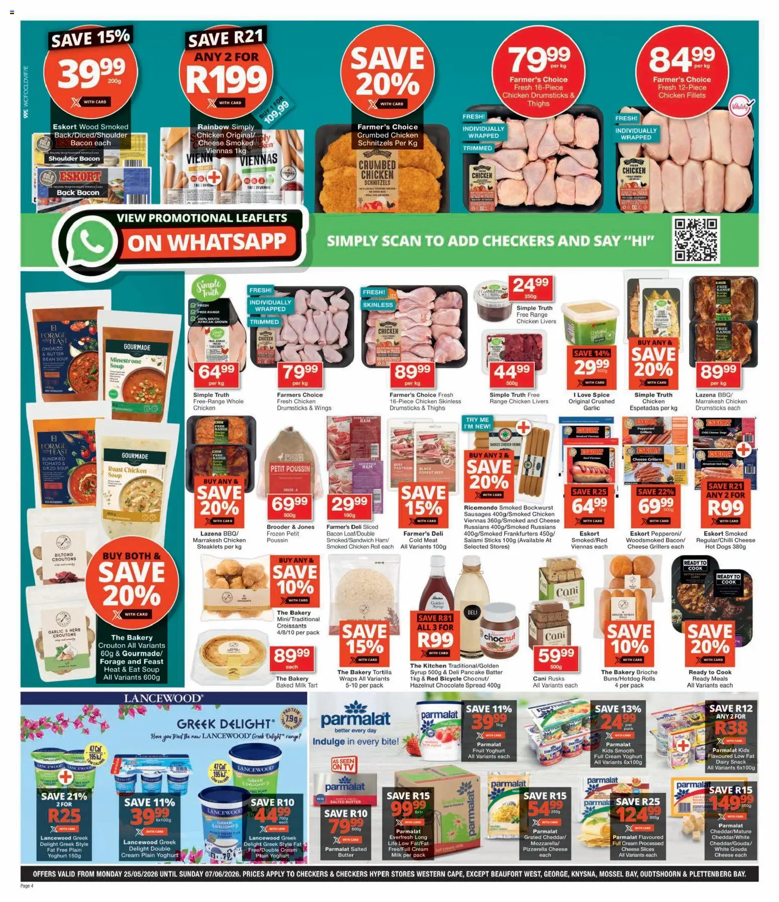 New Checkers catalogue – valid from 25.05.2026 | Page: 4 | Products: Salami, Chicken, Hot dogs, Garlic