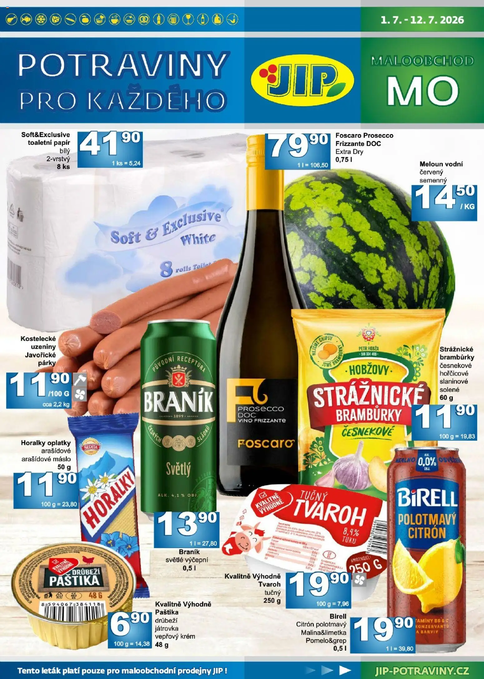 Jip leták od 01.07.2026 | Strana: 1 | Produkty: Prosecco, Birell, Uzeniny, Paštika