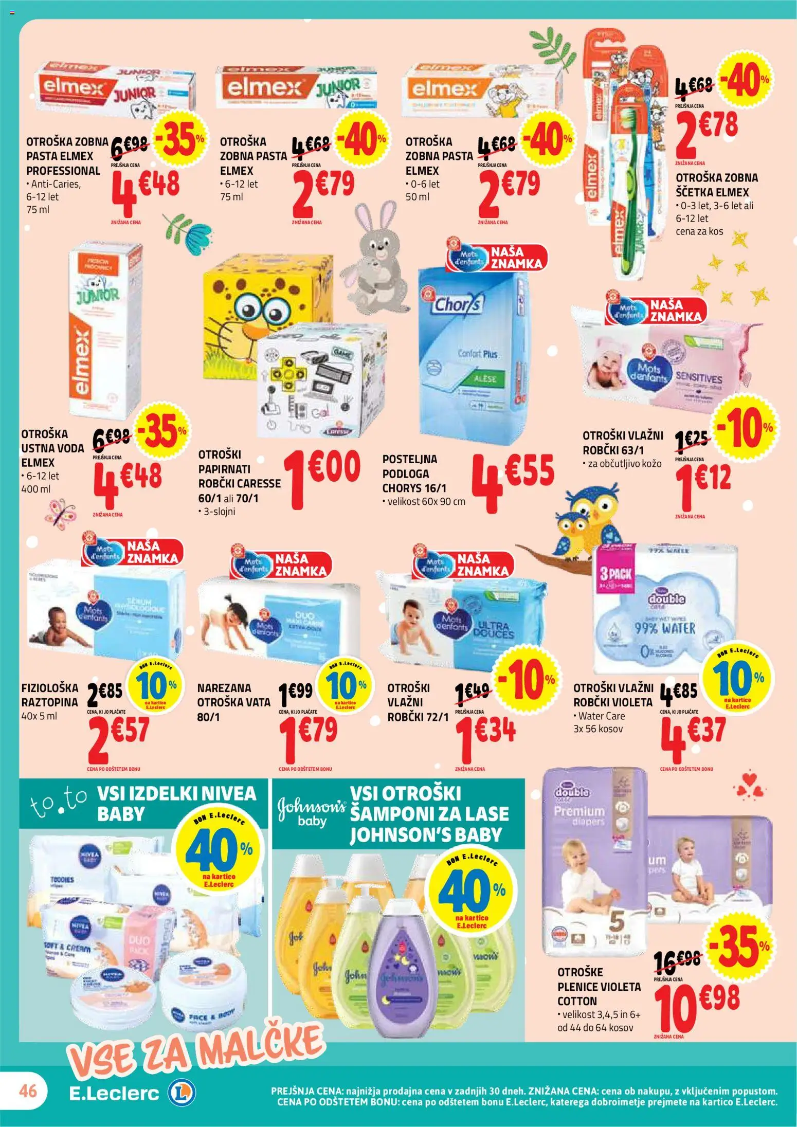 Novi E.leclerc katalog ponudbe – veljaven od 02.09.2026 | Stran: 46 | Izdelki: Plenice, Podloga, Zobna pasta, Voda