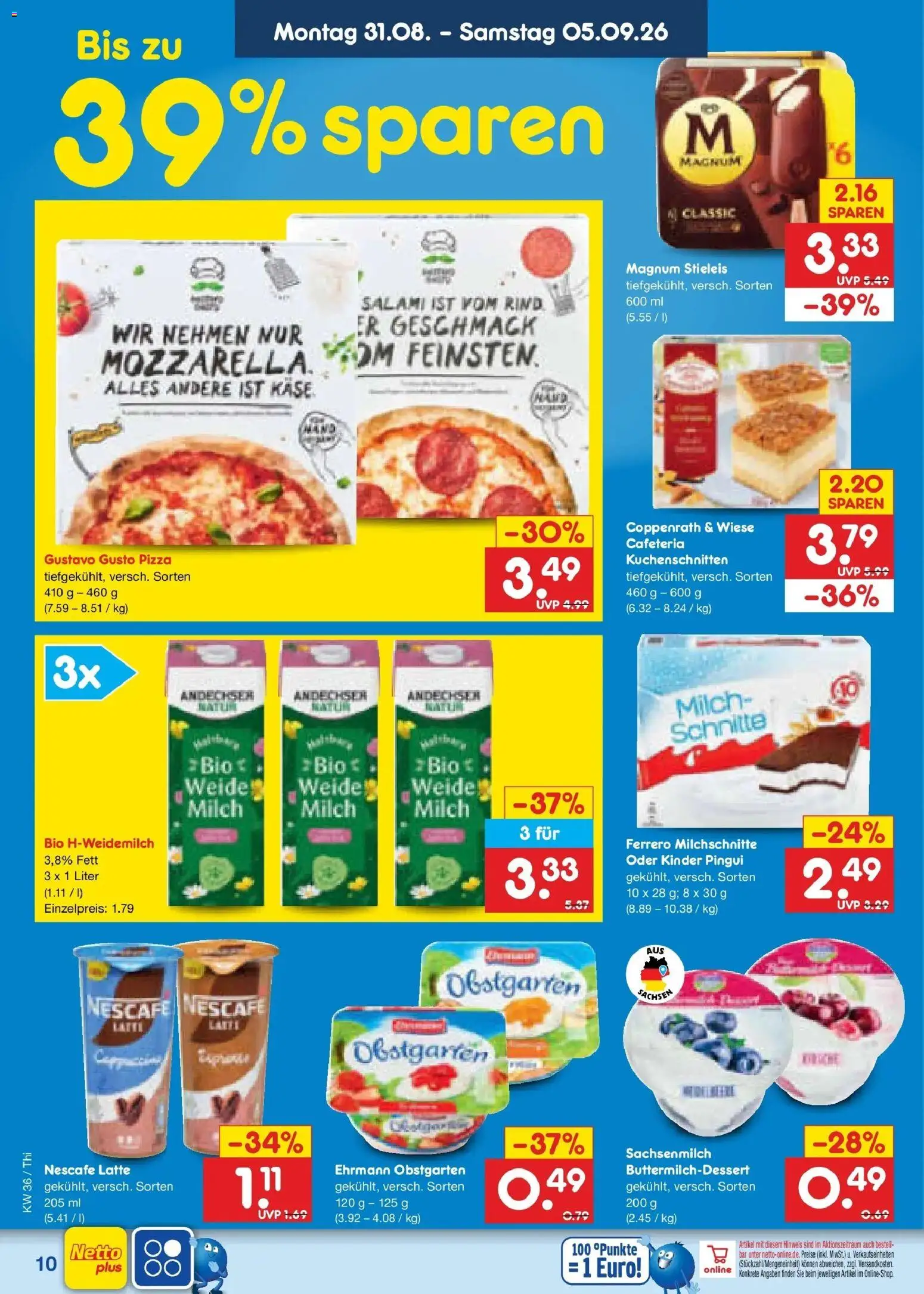 Netto Marken-Discount Prospekt Pirna (ab 31.08.2026) » Angebote | Seite: 12 | Produkte: Gustavo gusto, Milch, Salami, Ferrero milchschnitte