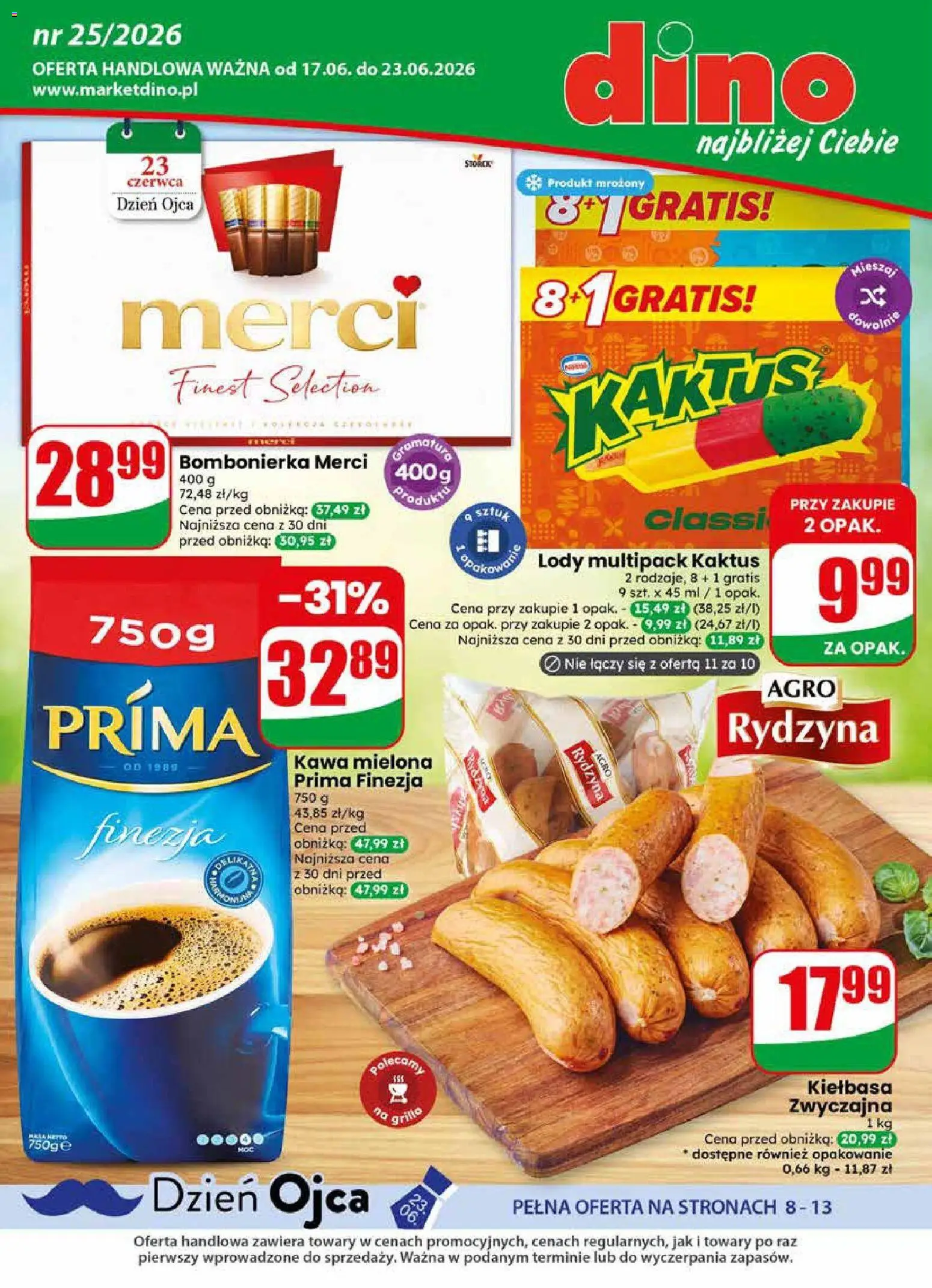 Dino gazetka od 17.06.2026 | Strona: 1 | Produkty: Kiełbasa, Kawa mielona Prima, Kawa, Lody