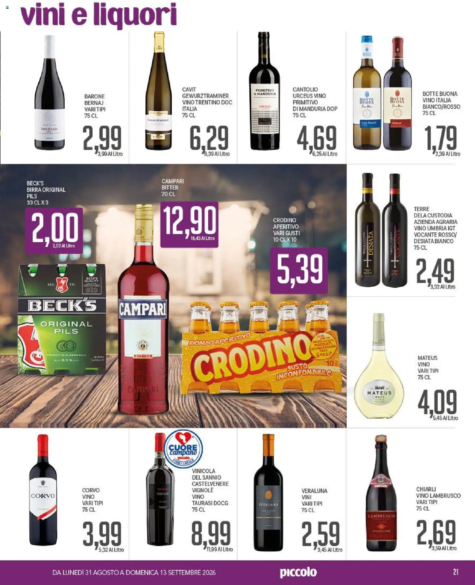 Volantino Piccolo del 31/08/2026 | Pagina: 21 | Prodotti: Campari, Birra, Vino, Vino Lambrusco