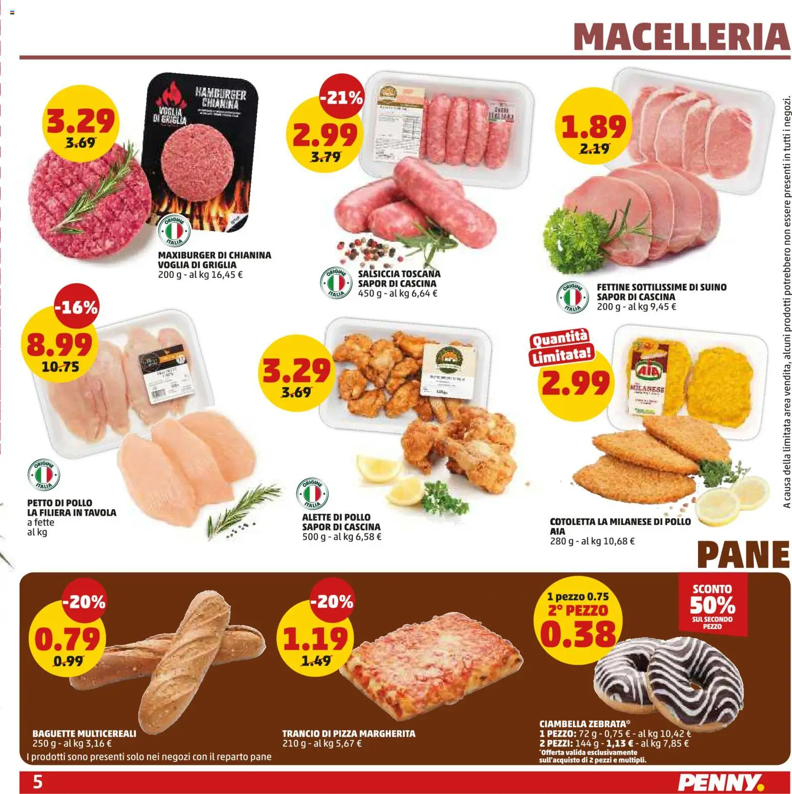 Volantino PENNY del 18.06.2026 | Pagina: 5 | Prodotti: Petto di Pollo, Pane, Pizza, Griglia