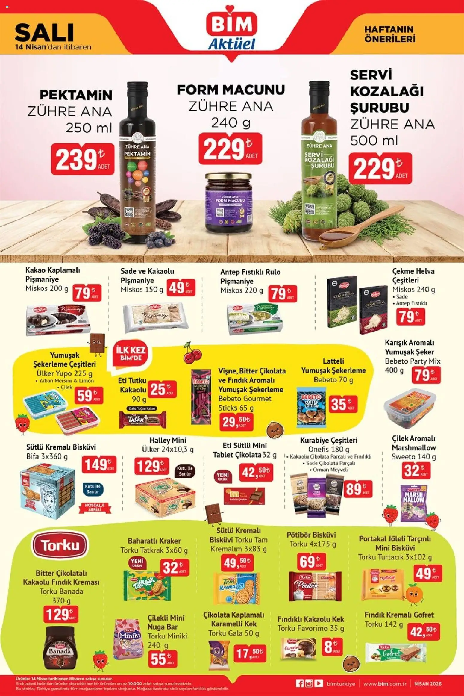 BİM Katalog - 14.04.2026 tarihinden itibaren geçerlidir | Sayfa: 1 | Ürünler: Gofret, Yaban mersini, Tablet, Bisküvi