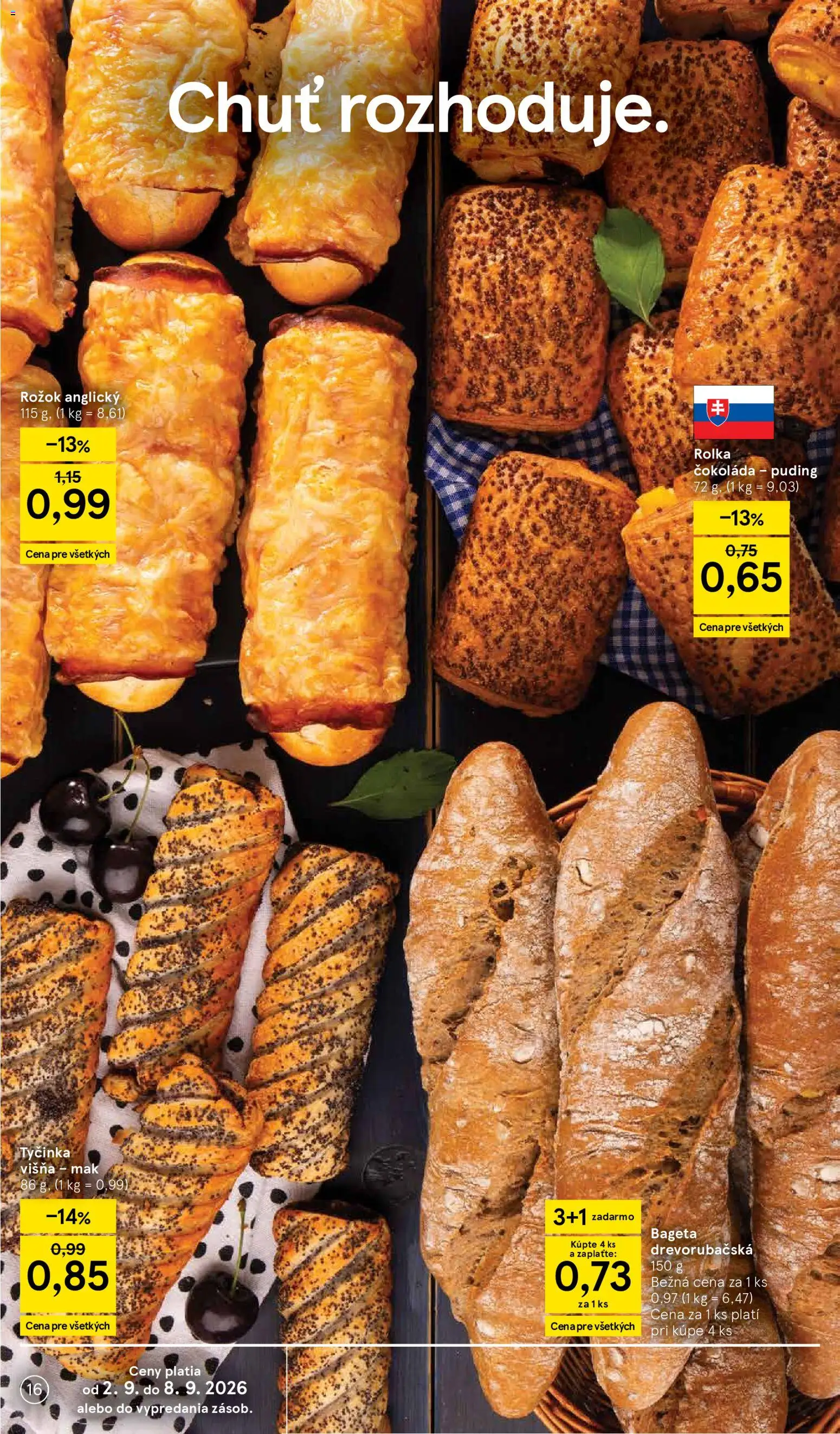 Nové Tesco akcie – leták je platný od 02.09.2026 | Strana: 16 | Produkty: Rožok, Puding, Čokoláda, Mak