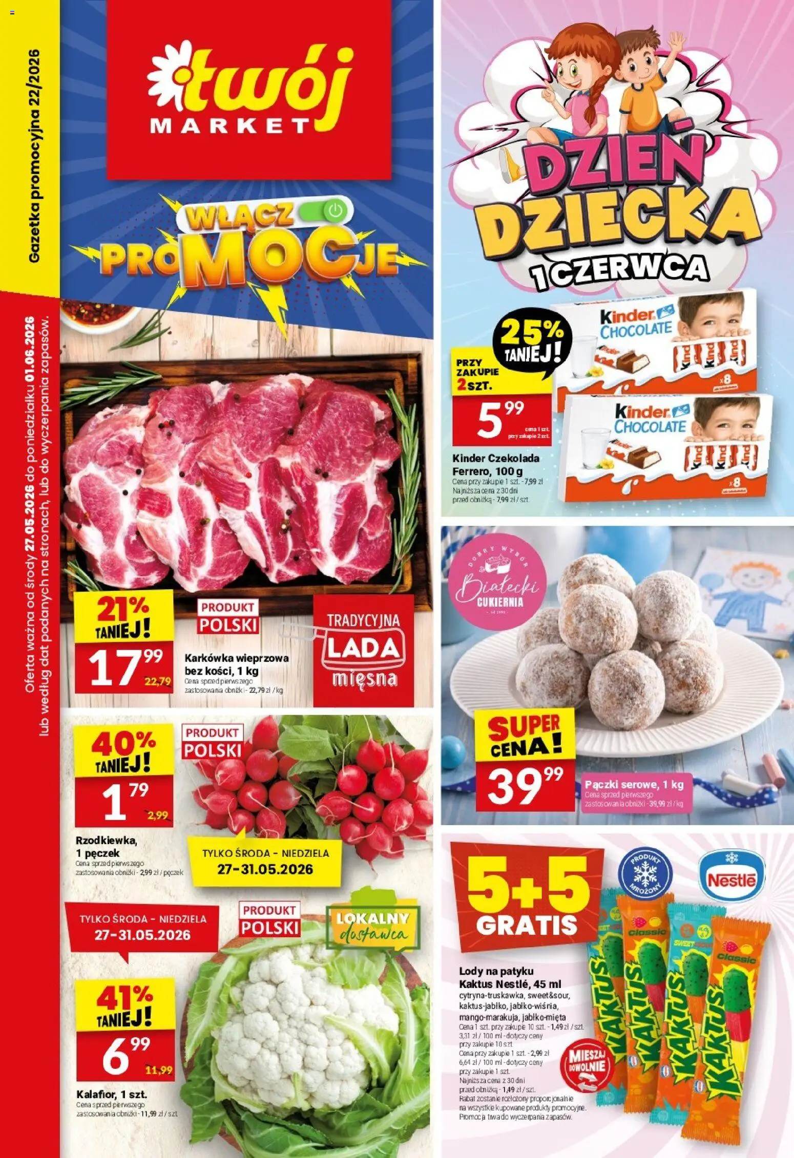 Twój Market gazetka od 27.05.2026 | Strona: 1 | Produkty: Karkówka, Pączki, Lody na patyku, Czekolada