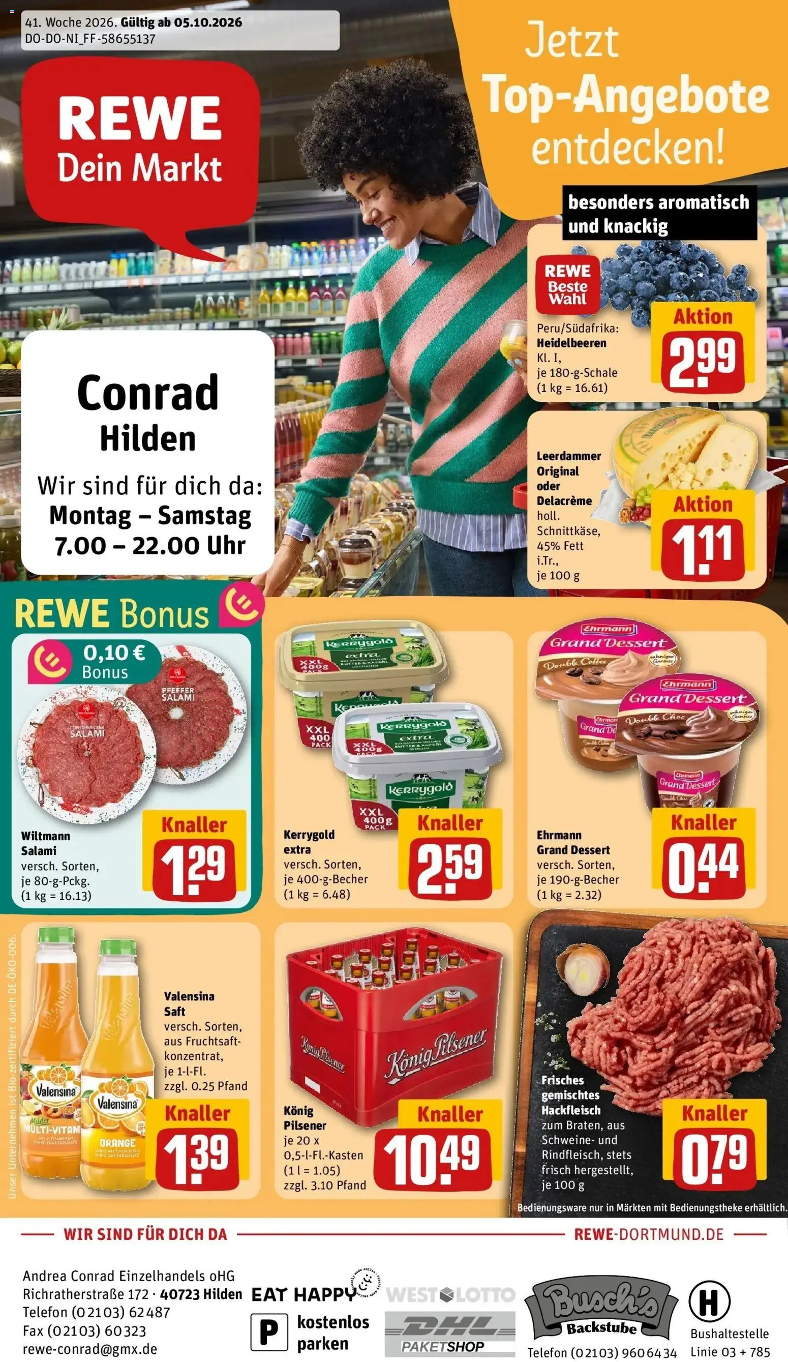 REWE Prospekt ab 05.10.2026 zum Blättern » Angebote | Seite: 1 | Produkte: Ehrmann grand dessert, Valensina, Fruchtsaft, Uhr