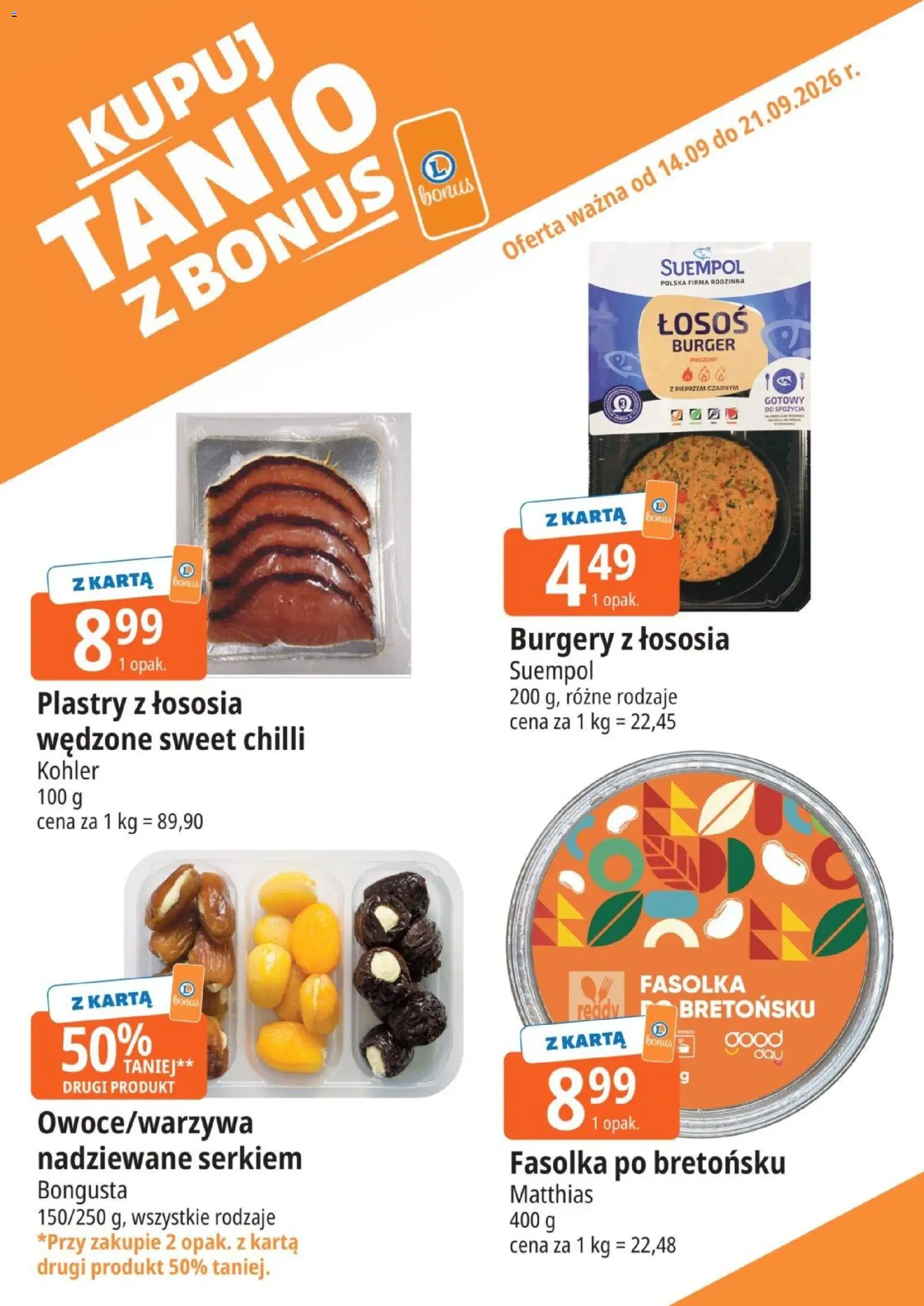 E.Leclerc gazetka - Kupuj Tanio Z Bonus od 14.09.2026 | Strona: 2 | Produkty: Karta, Fasolka po bretońsku, Łosoś, Burger