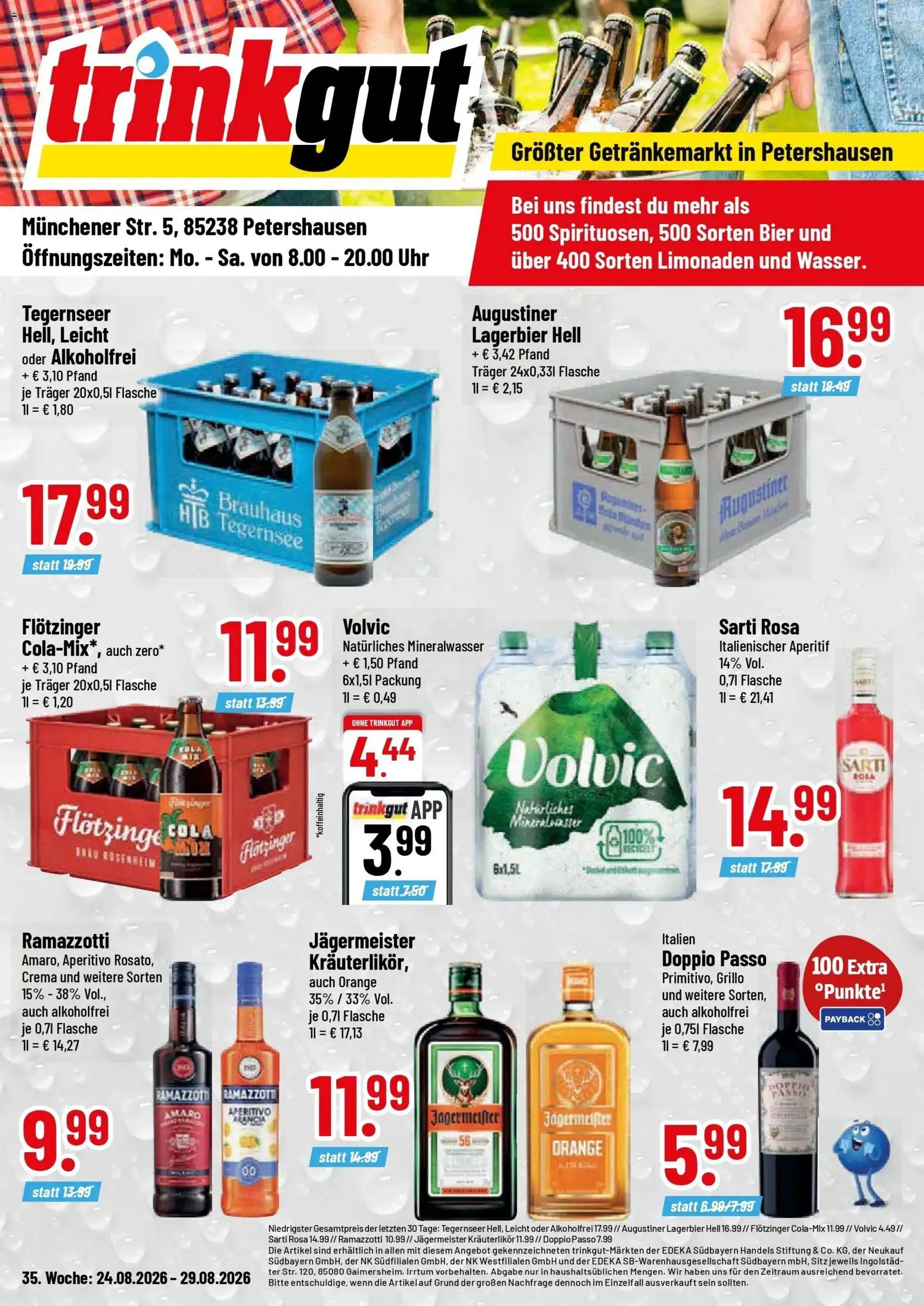 Trinkgut Prospekt Petershausen (ab 24.08.2026) » Angebote online | Seite: 1 | Produkte: Cola, Jägermeister, Volvic, Uhr