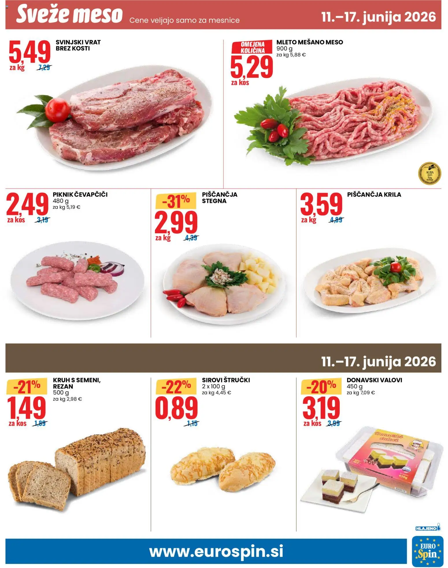 Novi Eurospin katalog ponudbe – veljaven od 11.06.2026 | Stran: 13 | Izdelki: Čevapčiči, Piščančja krila, Kos, Kruh