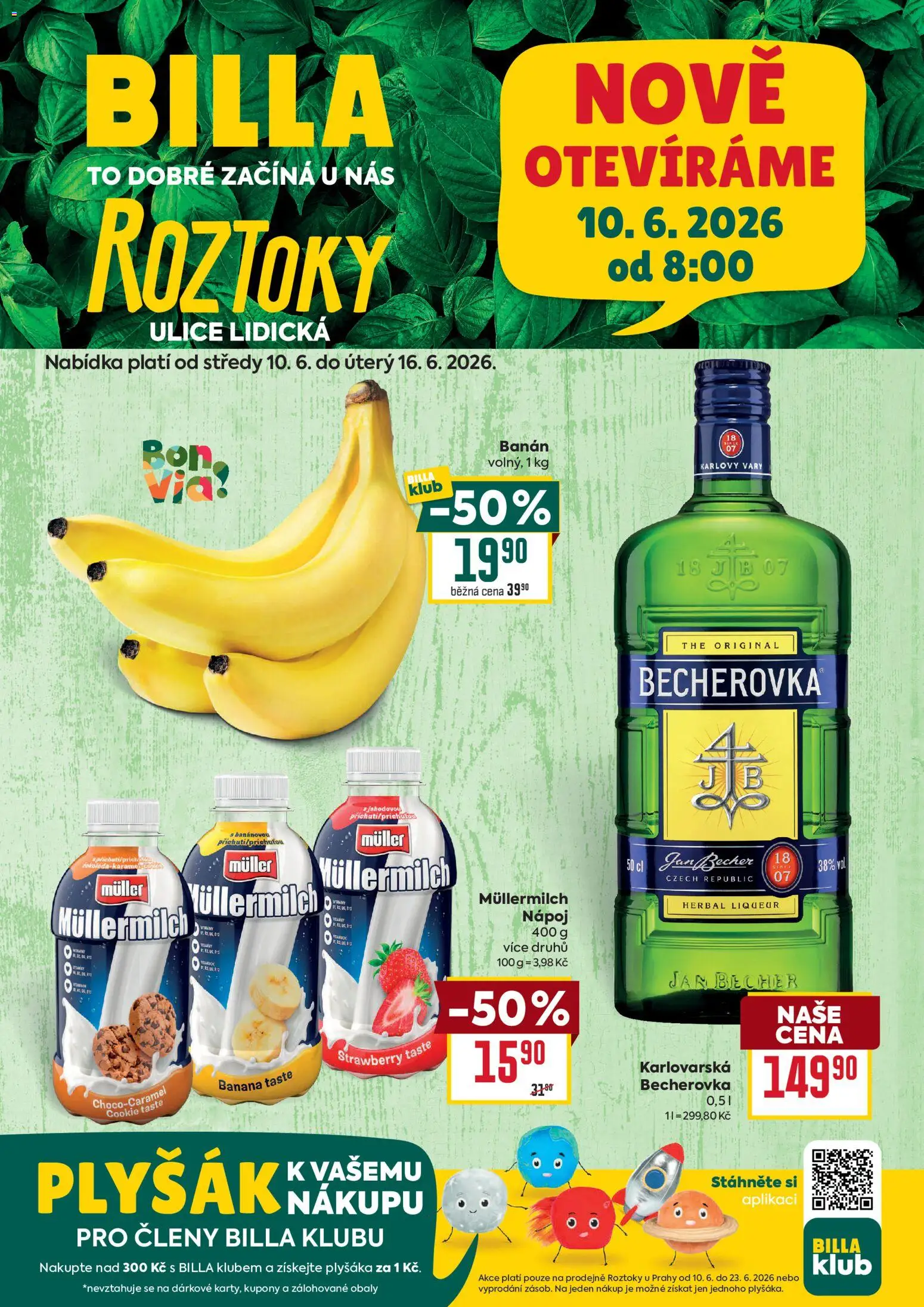 Billa leták - Roztoky od 10.06.2026 | Strana: 1 | Produkty: Banán, Becherovka, Plyšák, Müllermilch