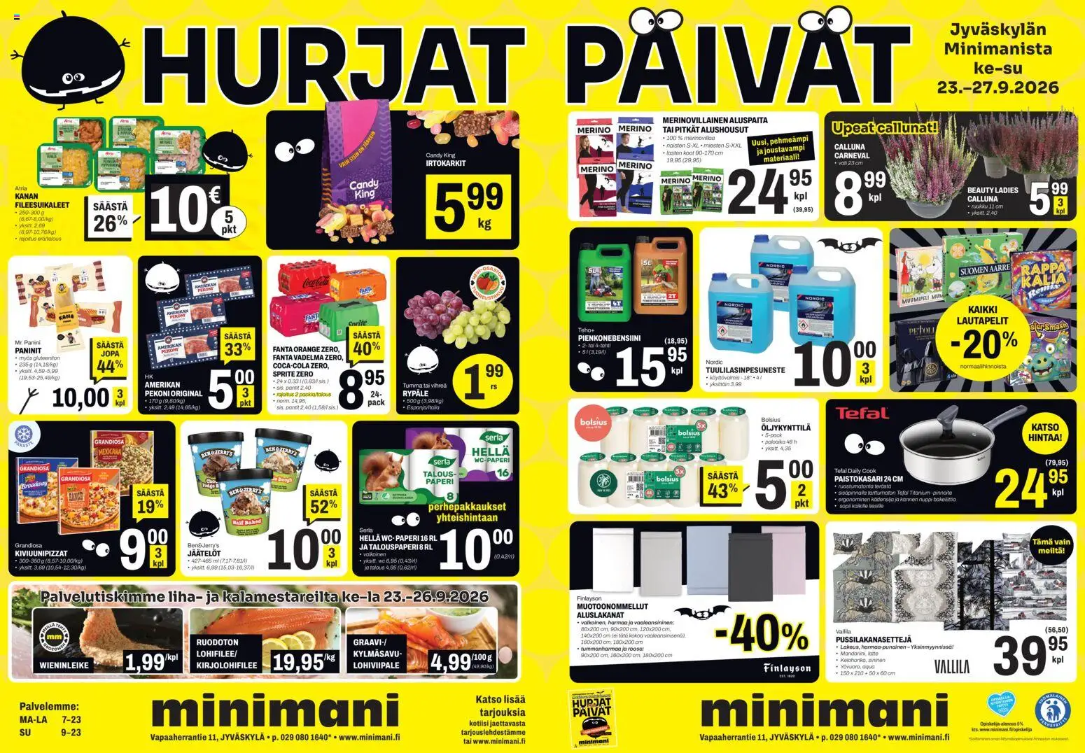 Minimani tarjoukset Jyväskylä – voimassa 23/09/2026 alkaen | Sivu: 1 | Tuotteet: Irtokarkit, Hella, Paperi, Fanta