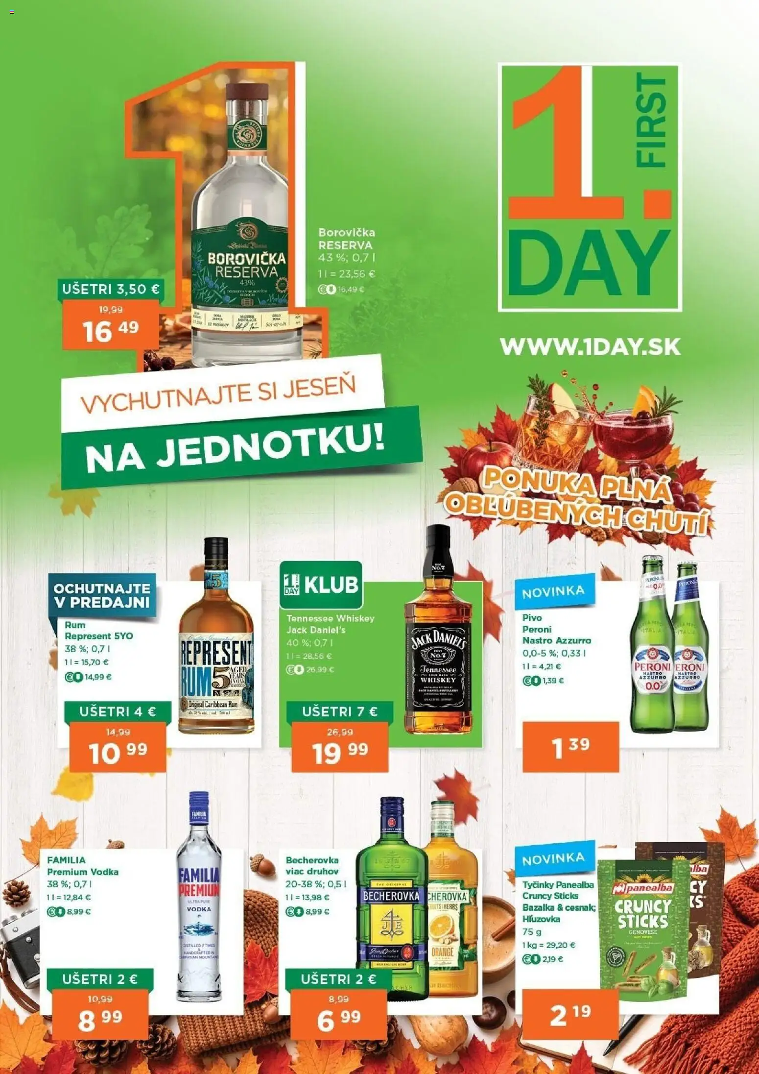 Nové 1day akcie – leták je platný od 24.09.2026 | Strana: 1 | Produkty: Becherovka, Pivo, Rum, Jack Daniel's