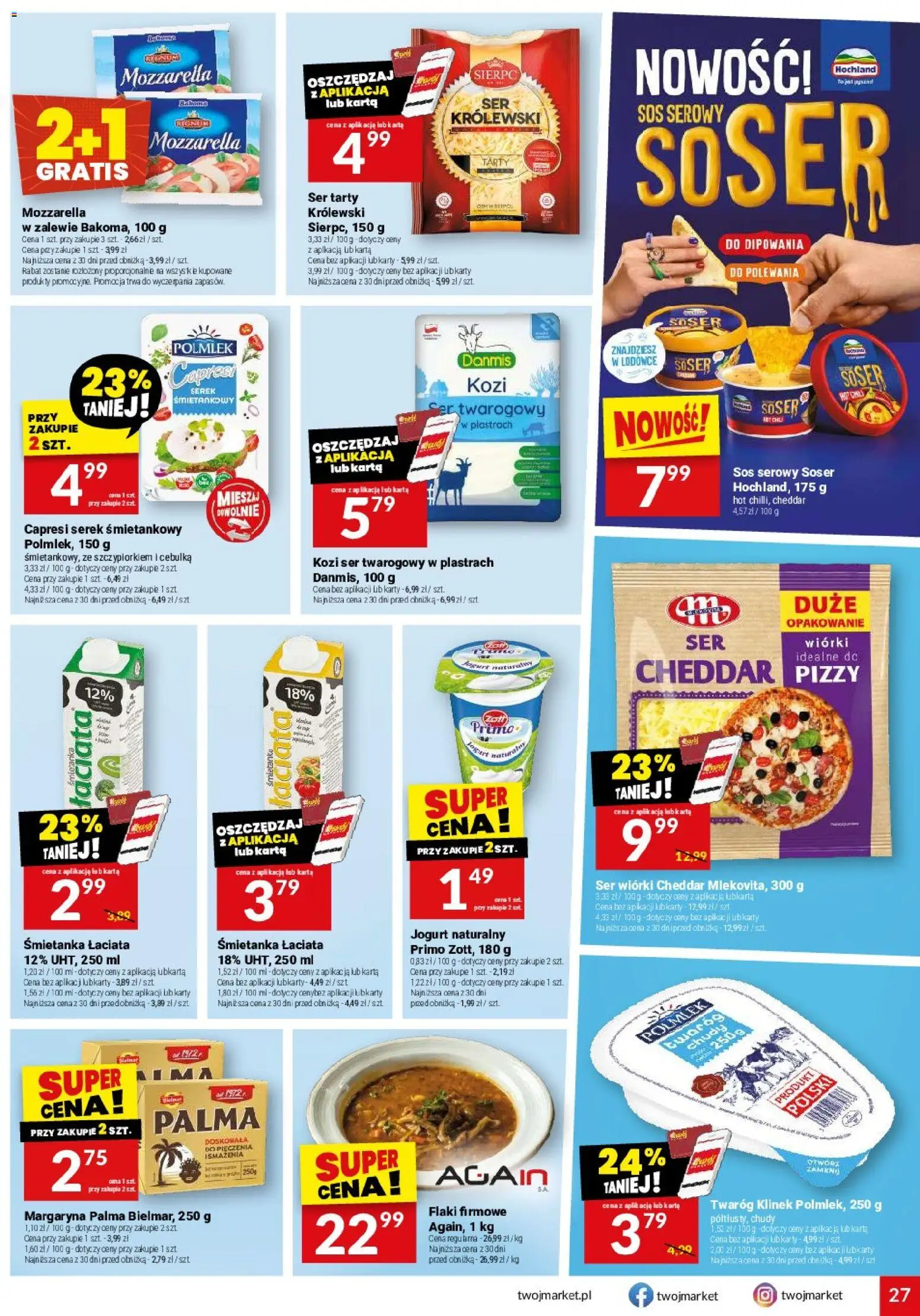 Twój Market gazetka od 07.10.2026 | Strona: 27 | Produkty: Margaryna palma, Mozzarella, Twaróg, Cheddar