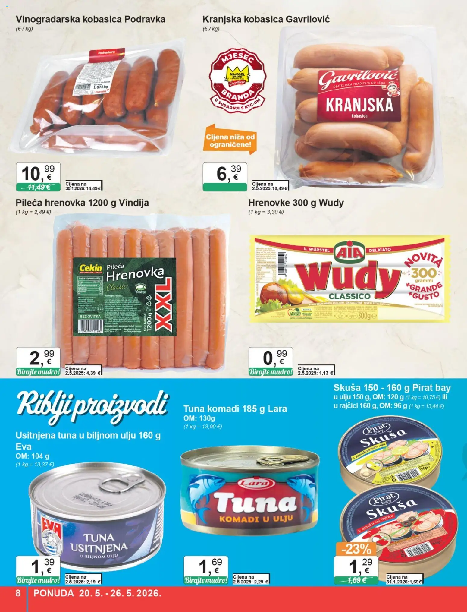 KTC katalog | vrijedi od 20.05.2026 | Stranica: 8 | Proizvodi: Vindija, Hrenovke, Podravka, Skuša